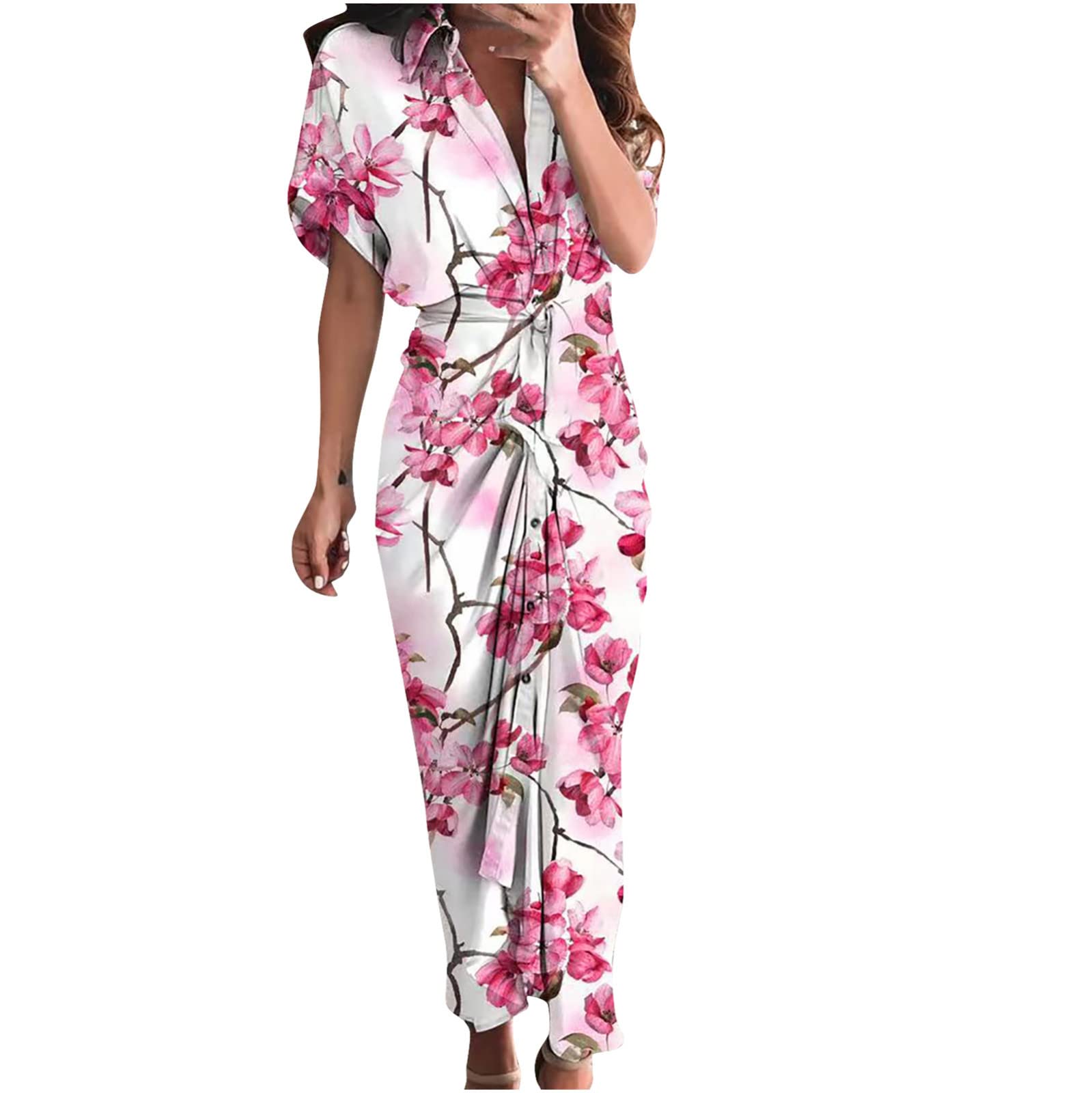 bmkBWO Women's Floral Print Short Sleeve Midi Dress - V Neck Lapel Button Down Casual Summer Dress with Tie Waist | Perfect for Beach Vacations, Brunch Dates & Office Wear