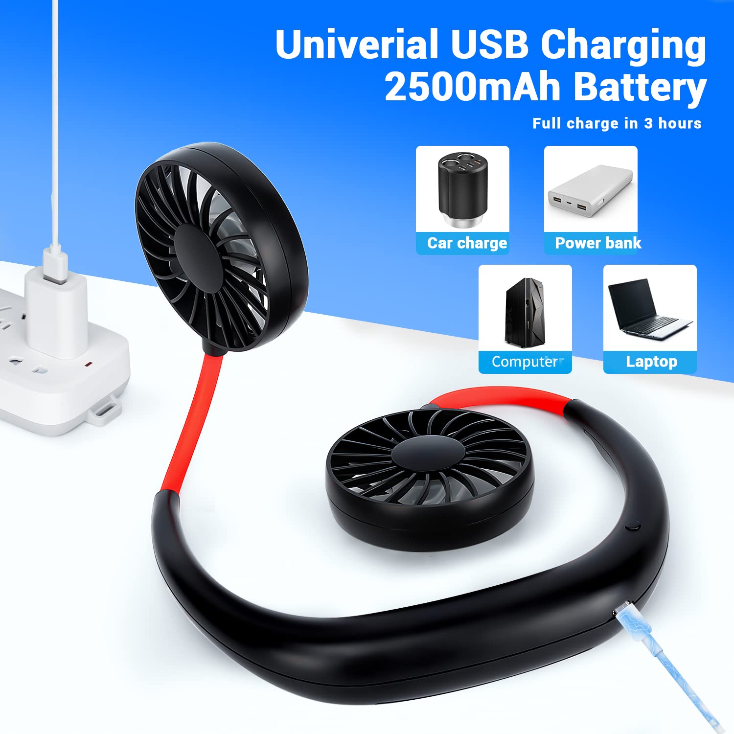Rechargeable Portable Neck Fan - Hands-Free Wearable Mini USB Fan with 3 Speed Adjustable & 360° Rotation - Ideal for Office, Travel, Sports, Reading (Red & Black 2 Pack) - Stay Cool While Working, Exercising or Relaxing