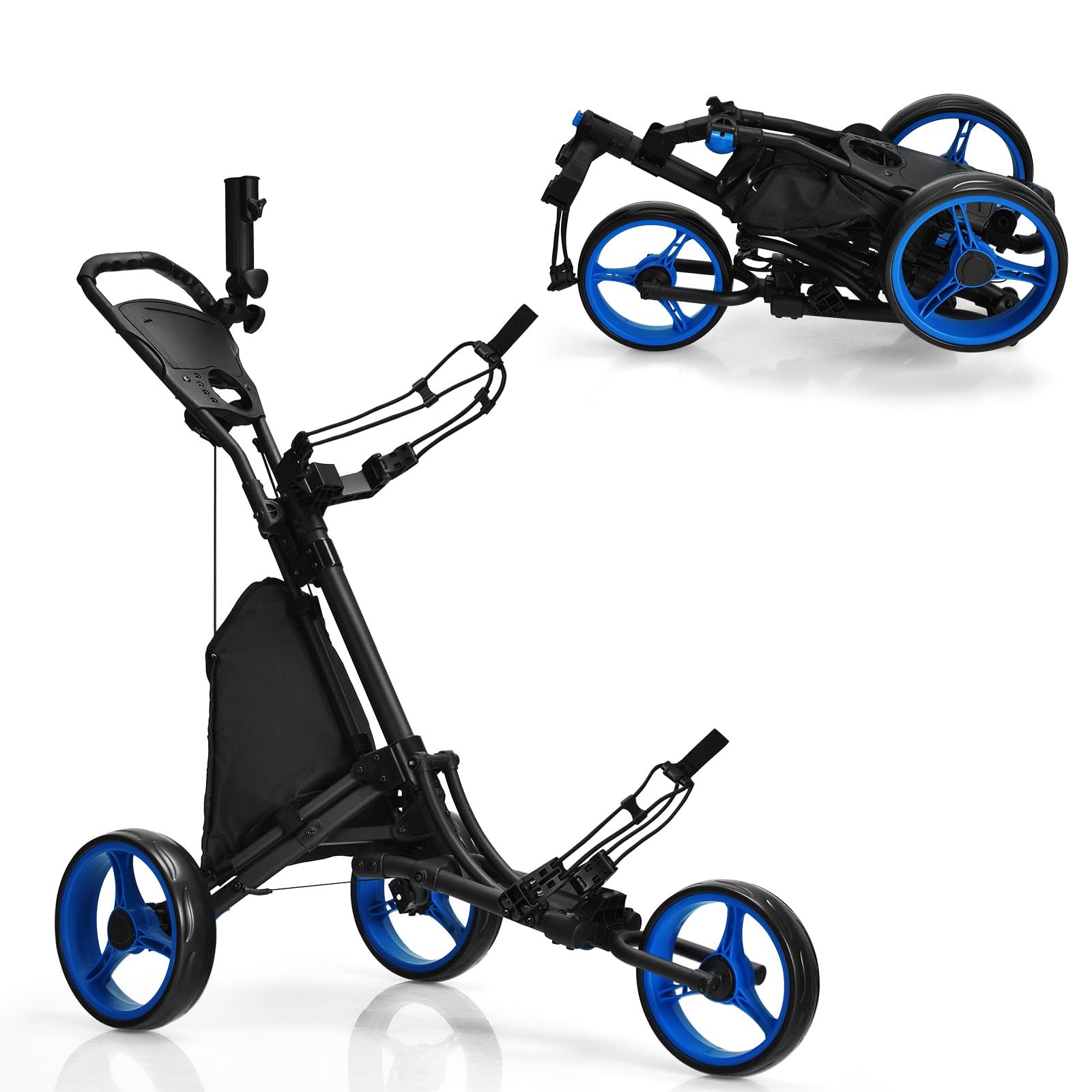 3 Wheel Folding Golf Push Cart - Lightweight Collapsible Golf Club Caddy with Foot Brake & Umbrella Holder - Adjustable 4-Position Handle (Blue) | Perfect for Golf Course, Driving Range & Outdoor Practice