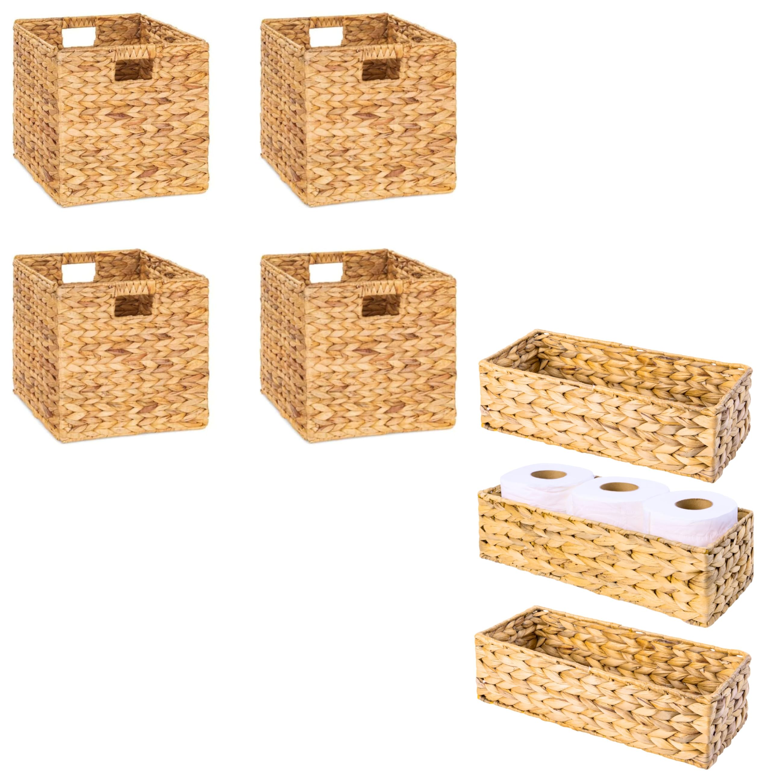 4 Pack Woven Wicker Storage Baskets 12x12 Inch - Set of 3 Decorative Toilet Paper Holders for Bathroom Organization & Home Decor