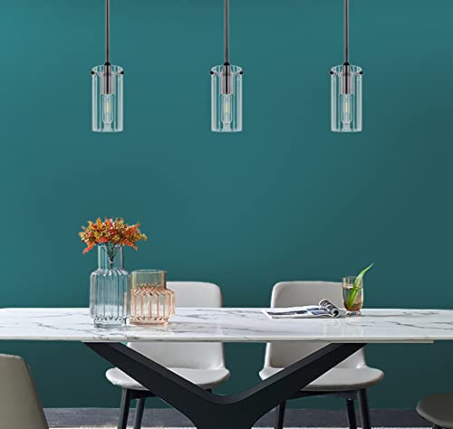 Modern Black Industrial Pendant Light Fixture with Clear Stripe Glass Shade - Kitchen Island Lighting, Sink Lighting, Dining Room Hanging Ceiling Light - Perfect for Farmhouse, Loft & Industrial Style Decor