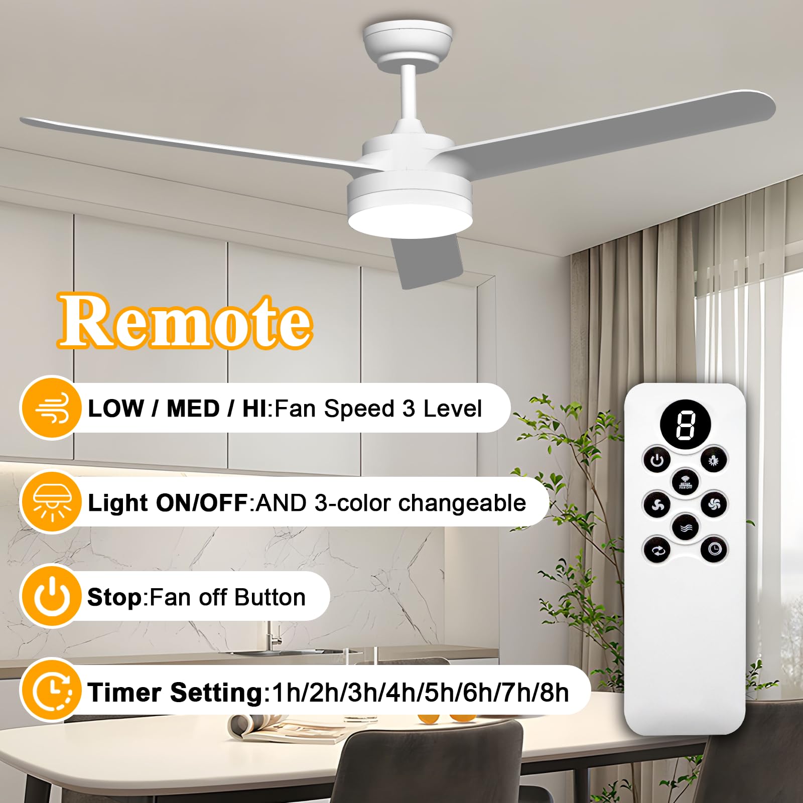 TODEHI 60 Inch Ceiling Fan with Light and Remote Control - 152cm Silent Reversible DC Motor, 3 Speed Settings & 1-8 Hour Timer - Perfect for Bedroom, Living Room, Study, and Patio (Indoor/Outdoor Use)