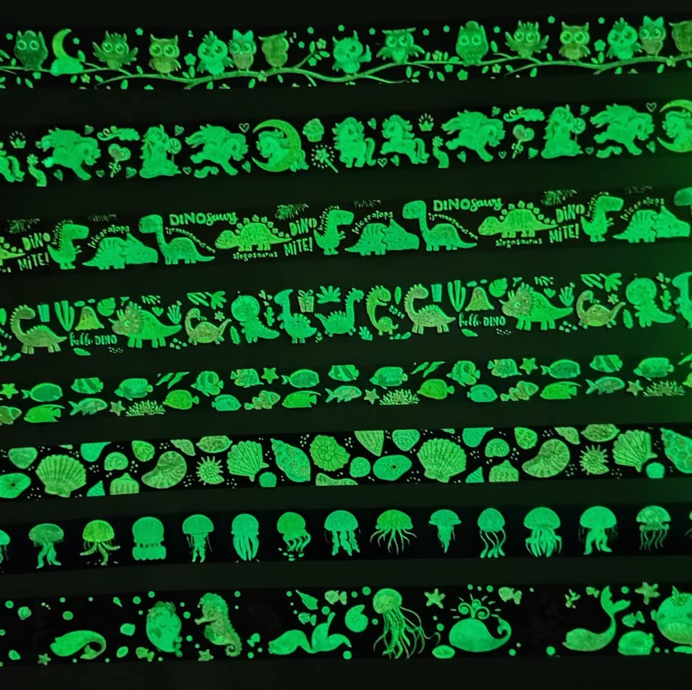 Glow in The Dark Washi Tape Set - 8 Rolls Cute Creatures Decorative Masking Tapes for DIY Crafts, Scrapbooking, Journaling, Planner Decor & Gift Wrapping | Perfect for Nighttime Projects, Kids' Rooms & Creative Arts