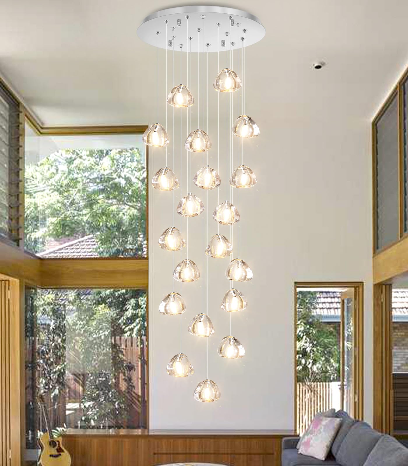 Modern LED Crystal Chandelier - 20 Lights Flush Mount Ceiling Fixture for Sloped or High Ceilings - Luxury Pendant Light for Living Room, Entryway, Foyer, Staircase - Elegant Lighting Solution for Home Decor and Special Occasions