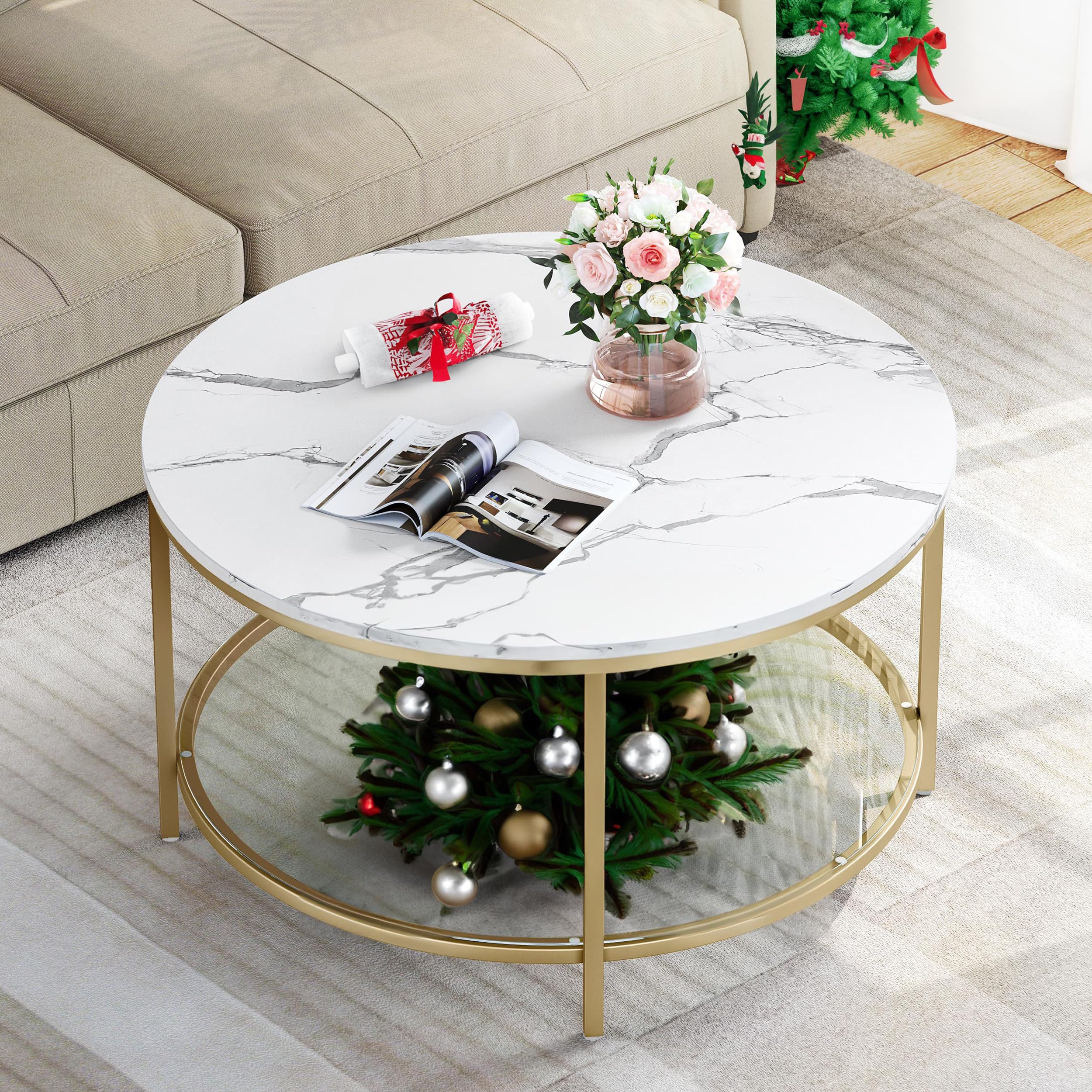YITAHOME Modern White Marble Round Coffee Table with Glass Top - 2-Tier Circle Cocktail Table with Storage for Living Room, Gold Accent Center Table - Perfect for Small Spaces, Apartments & Lounge Areas