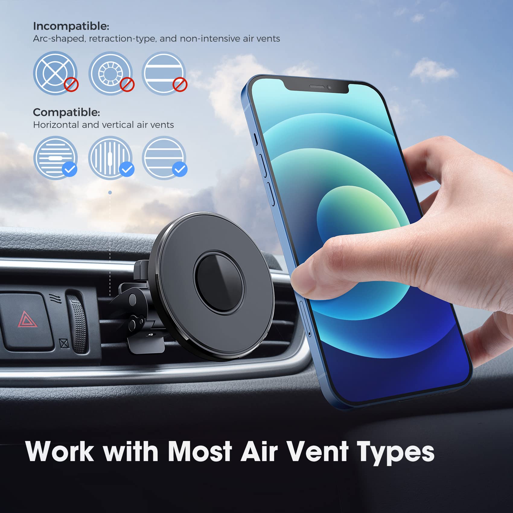 Tmaine MagSafe Car Mount - Magnetic Phone Holder for iPhone 13/12 Series & MagSafe Cases | Secure Vent Mount | Perfect for Hands-Free Navigation & Driving Safety (Black)