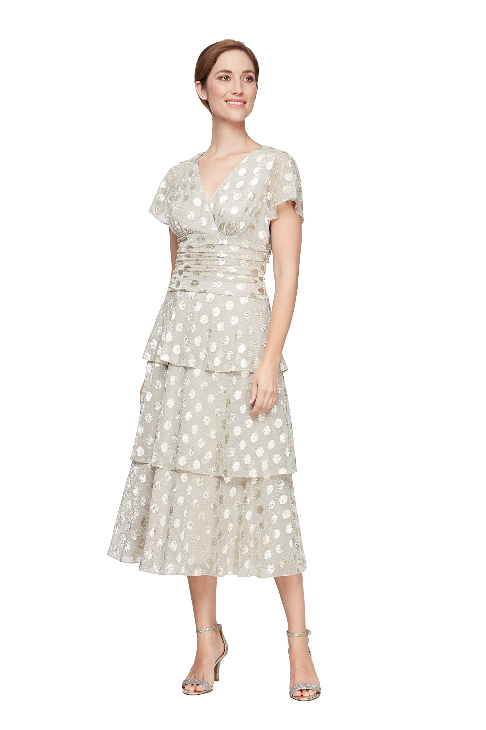 S.L. Fashions Women's Short Sleeve V-Neck Midi Cocktail Dress with Ruched Waist - Wedding Guest, Party, Formal Occasion Dress (Petite & Regular Sizes) | Elegant & Flattering Fit for Special Events