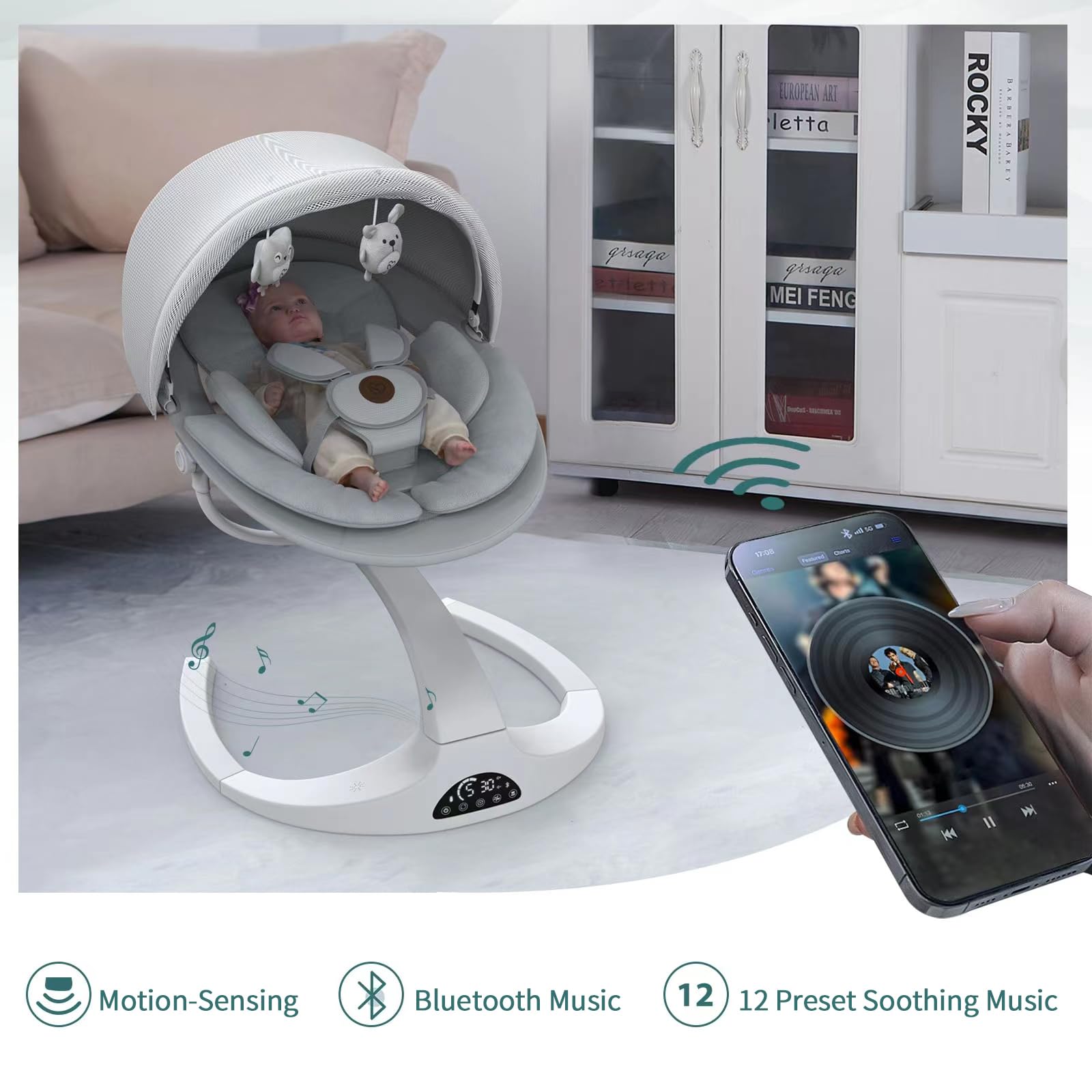 Obee Odee Baby Swing for Infants - 5 Speed Adjustable, 12 Soothing Lullabies, 360° Rotating Seat - Portable Infant Swing with Adapter & Battery Power (White Hoop Design) - Perfect for Nursery, Living Room & Outdoor Use