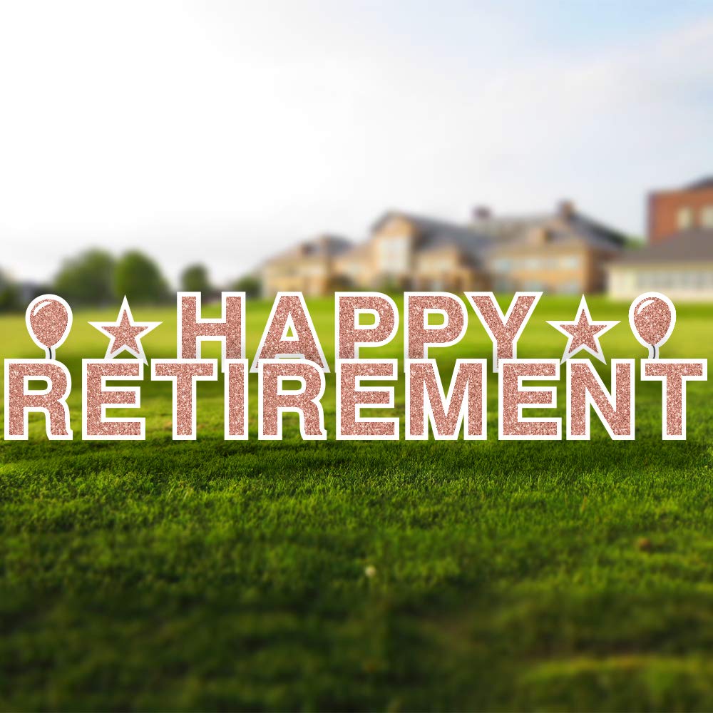 Happy Retirement Yard Sign – 18in Tall Corrugated Plastic Retirement Decoration with Stakes & Emojis – Rose Gold Faux Glitter – Perfect for Outdoor Retirement Party Decor & Gift Ideas