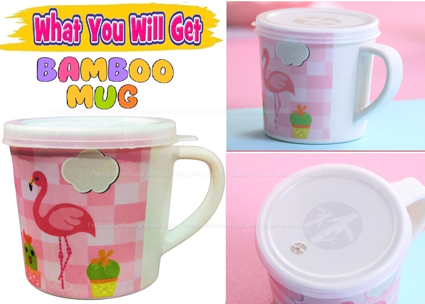 FunBlast Kids Milk Mug with Lid – BPA-Free Cartoon Flamingo Design, Bamboo Fiber Cup for Toddlers & Children, 260ml Leak-Proof Handle Mug – Perfect for School, Travel, and Home Use