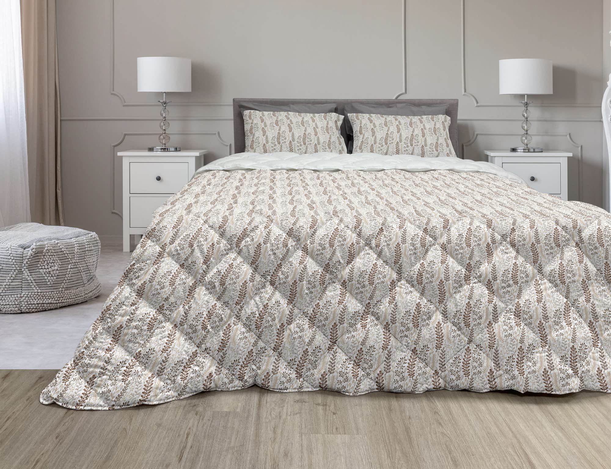 Ambesonne Botanical Comforter Set 3-Piece Queen - Forest Foliage Duvet Cover with Microfiber Filling in Earth Tones (Tan/Chocolate/White) | Nature-Inspired Bedding for Cozy Bedroom Decor