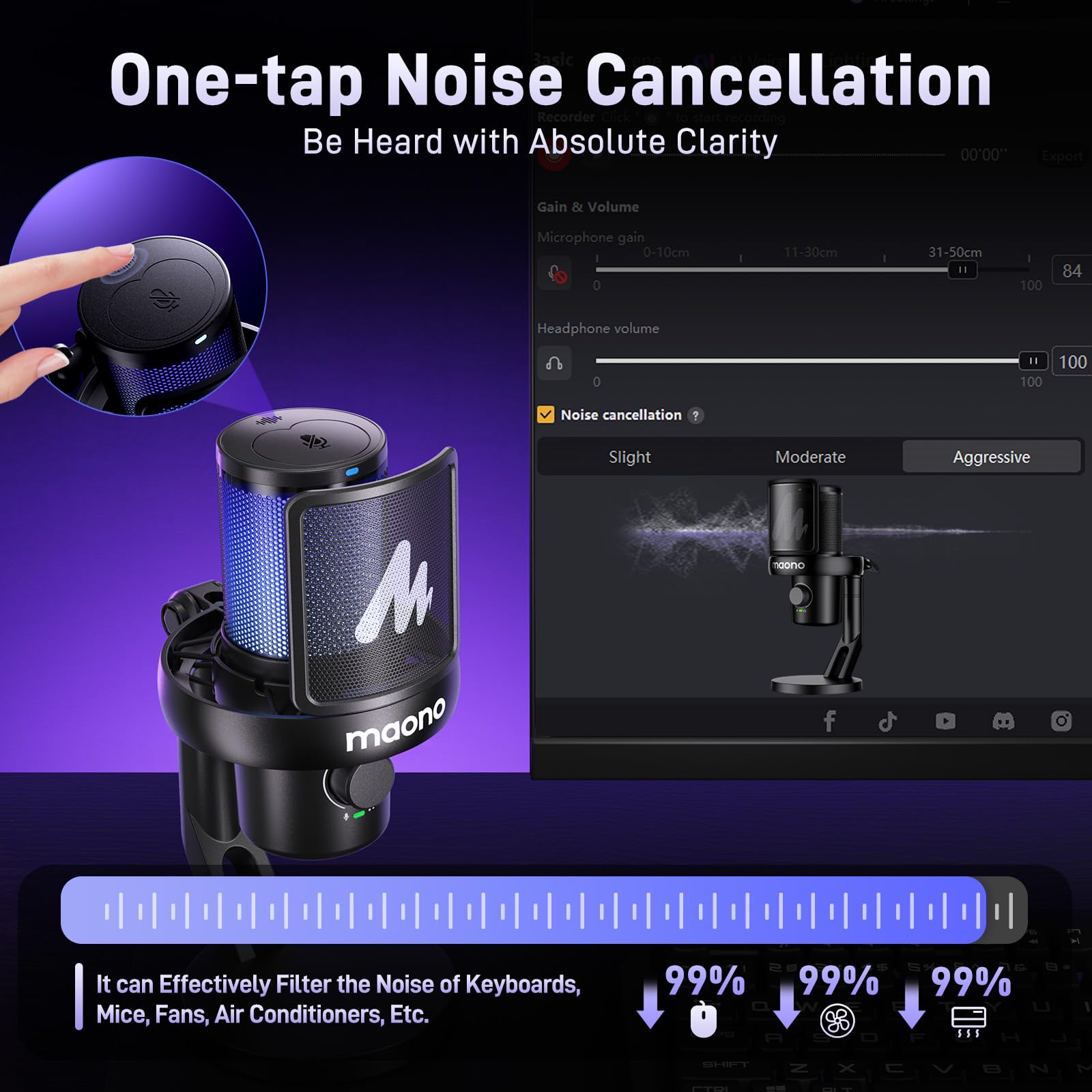 MAONO DM40-Black USB Wireless Microphone for PC & Laptop - AI Voice Changer, 3-Level Noise Cancellation, Custom EQ & Gain Control - Perfect for Gaming Streaming, Podcasting & Voice Recording (Ideal for Twitch, YouTube & Discord)