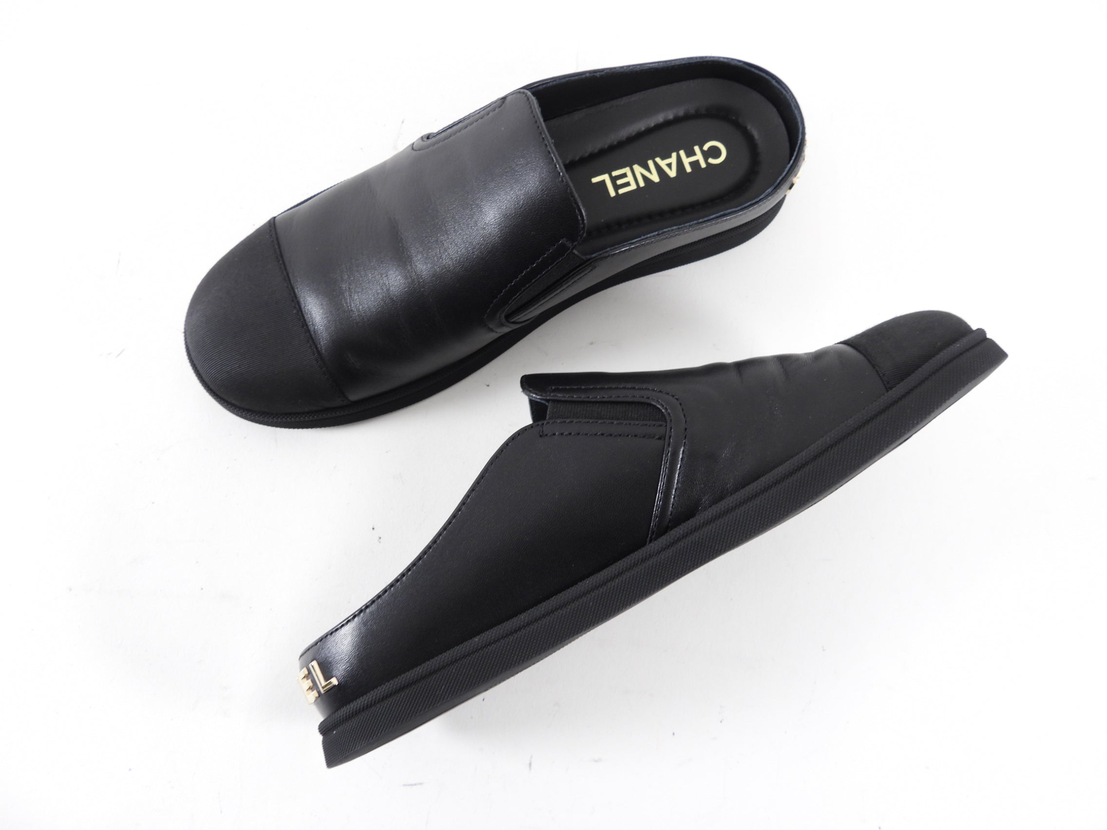 Chanel 2024 Black Leather Signature Logo Flat Mules Women's Size 36.5 - Comfortable Slip-On Shoes for Casual Wear & Office Outfits