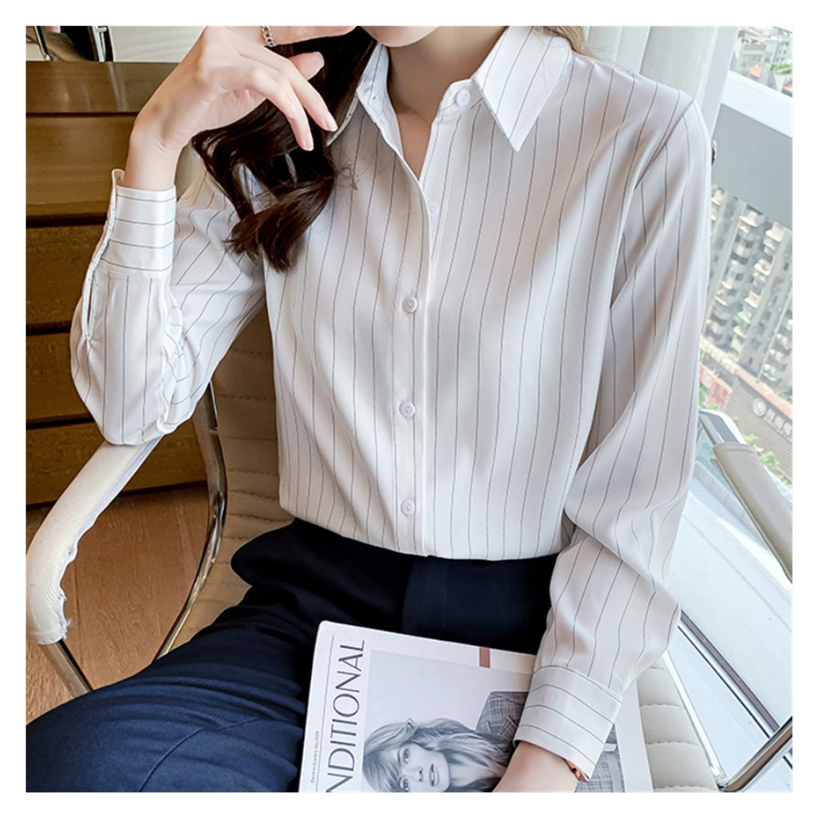 Elegant White Long Sleeve Striped Silk Shirt for Women - V-Neck Button Up Blouse (Size S) | Perfect for Fall Office Wear & Casual Outings
