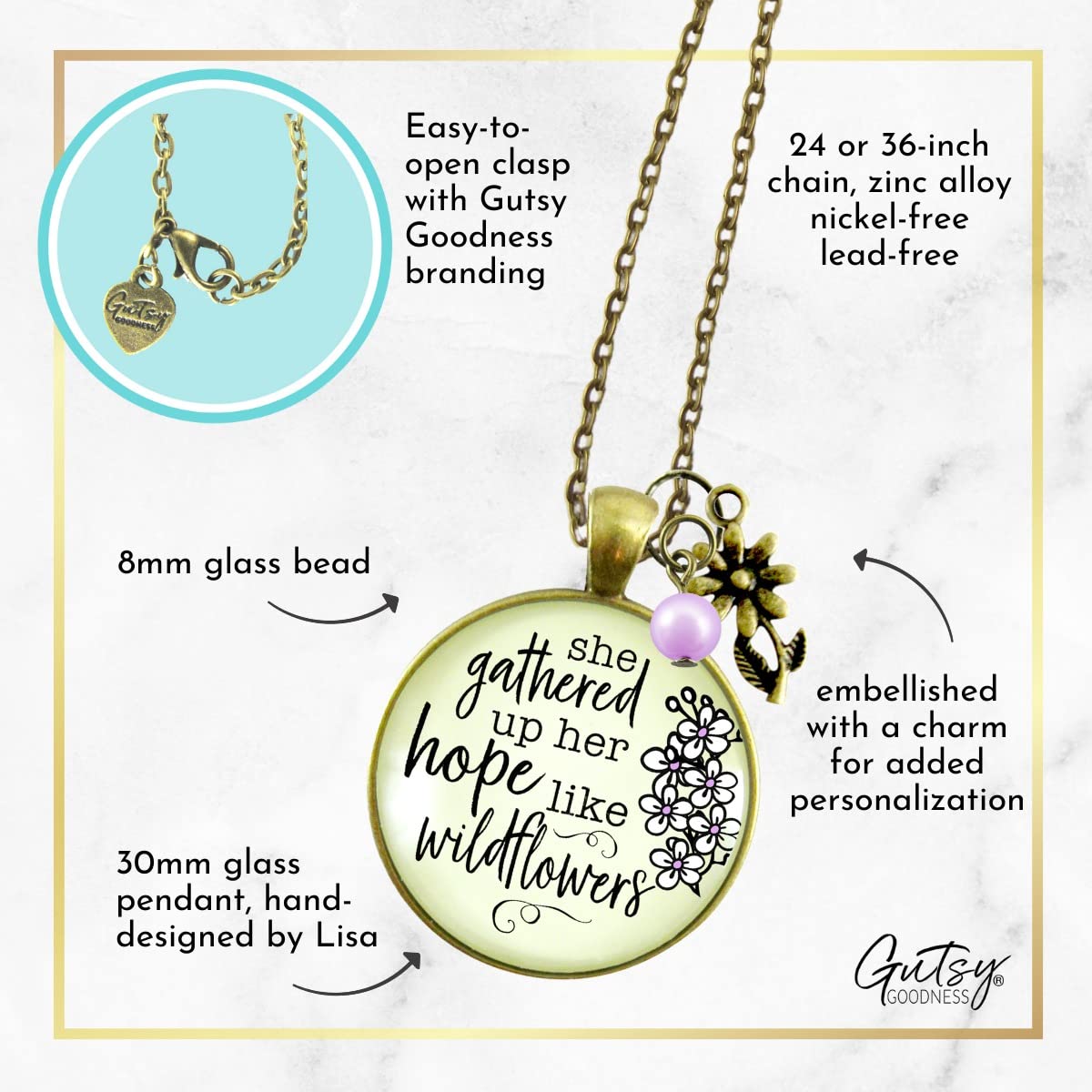 She Gathered Hope Wildflower Inspirational Necklace - Faith Jewelry with 24