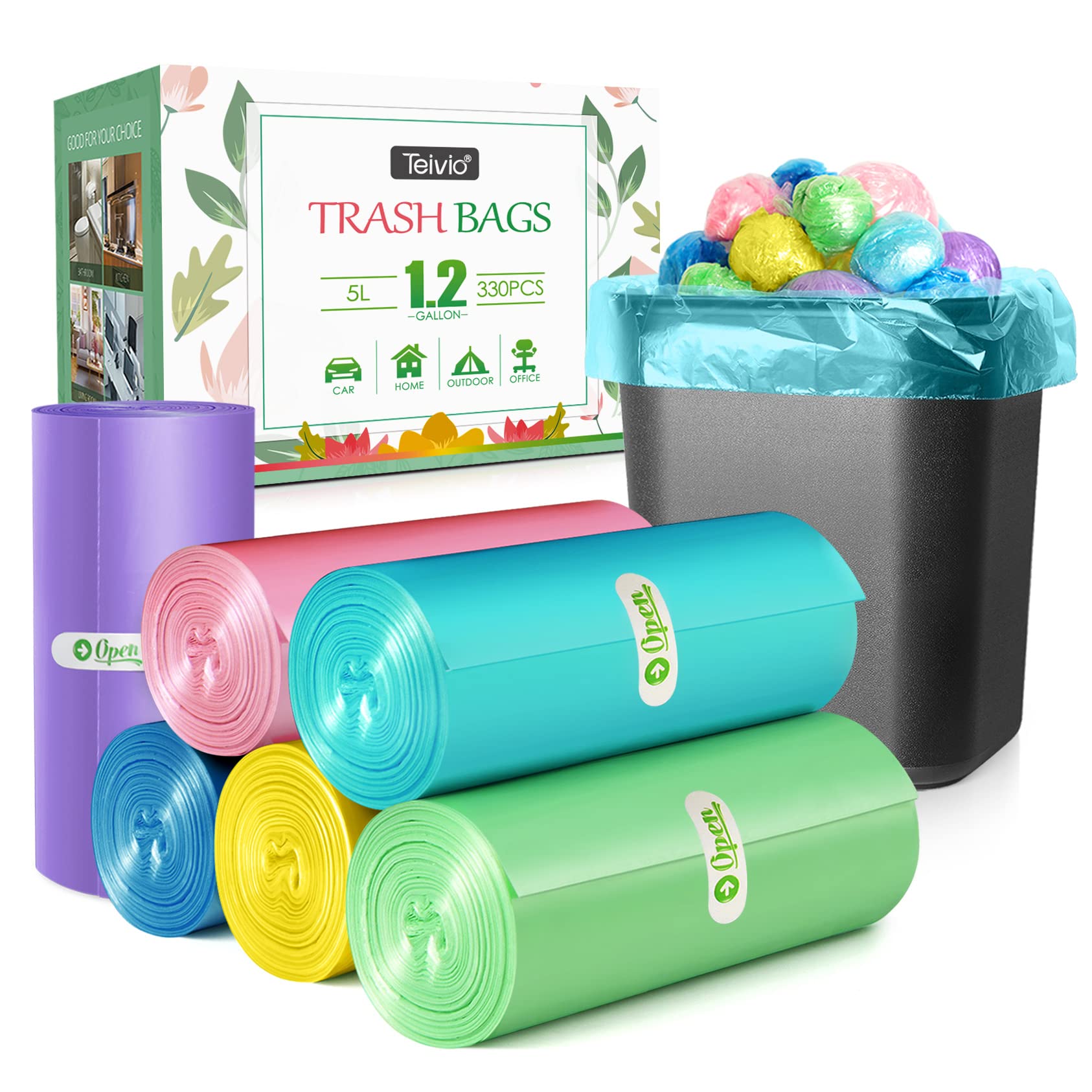 1.2 Gallon/330 Count Heavy Duty Clear Trash Bags - Colorful Small Garbage Can Liners for Bathroom, Office & Kitchen - Fits 5-6 Liter (0.8-1.6 Gal) Bins - Perfect for Home, Dorm & RV Waste Disposal