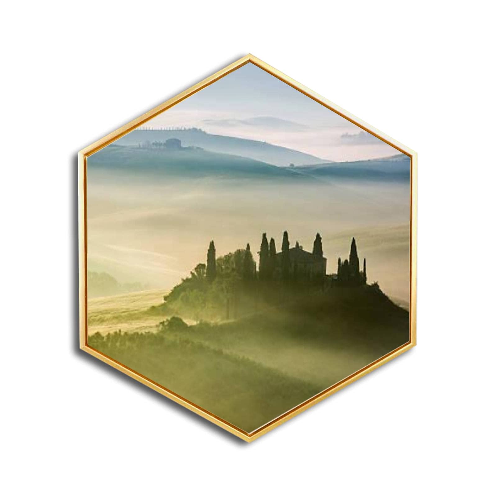 Golden Framed Canvas Wall Art - Beautiful Sunrise in San Quirico d'Orcia, Tuscany Italy - Giclee Prints for Home & Office Decor - Minimalist Modern Hexagon Wall Hanging - Perfect for Living Room, Bedroom or Workspace