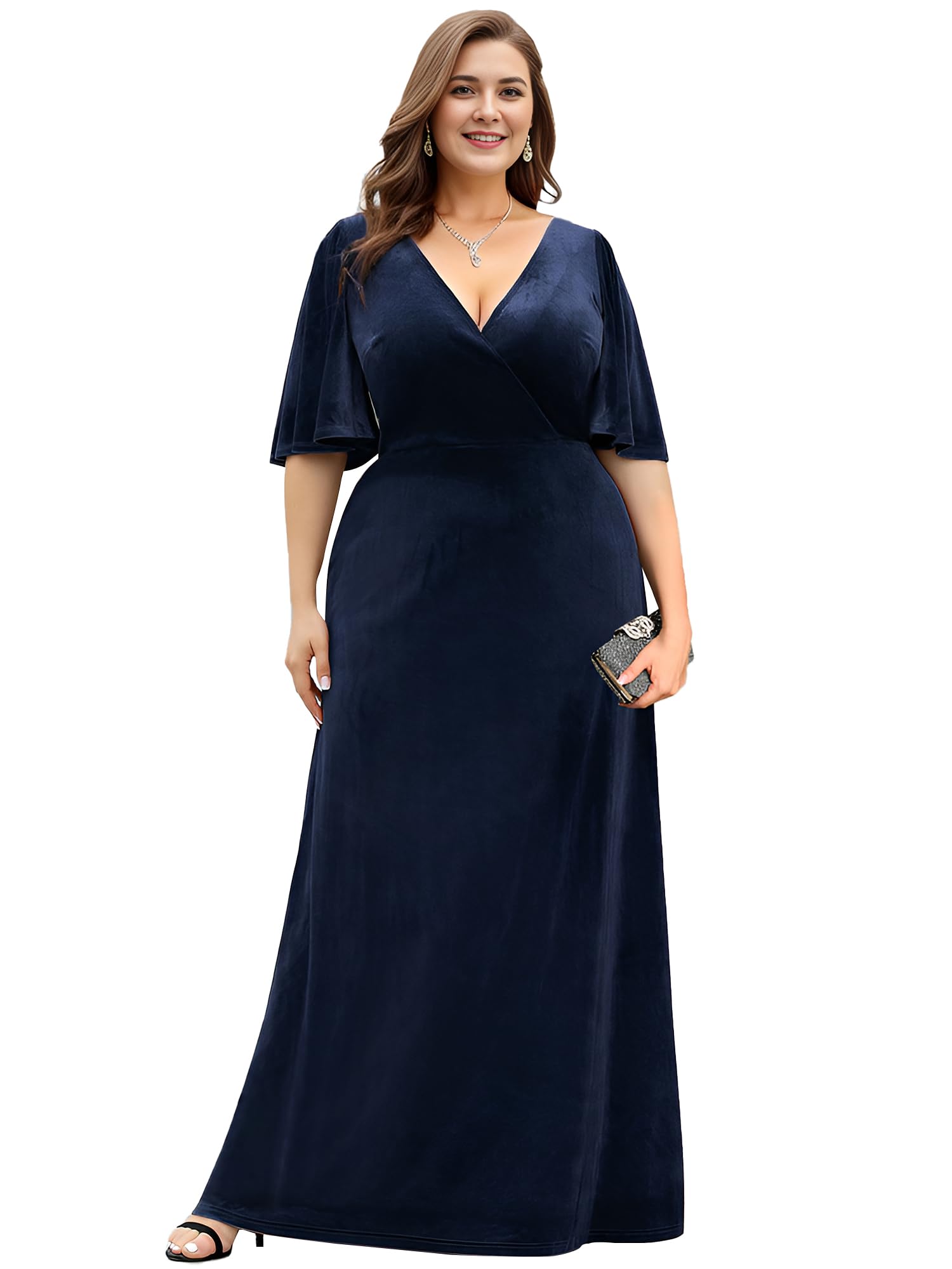 Ever-Pretty Women's Plus Size Velvet Maxi Dress - Retro V-Neck with Ruffled Sleeves for Winter Formal Occasions | Perfect for Holiday Parties, Weddings & Evening Events (Style 00861-DA)