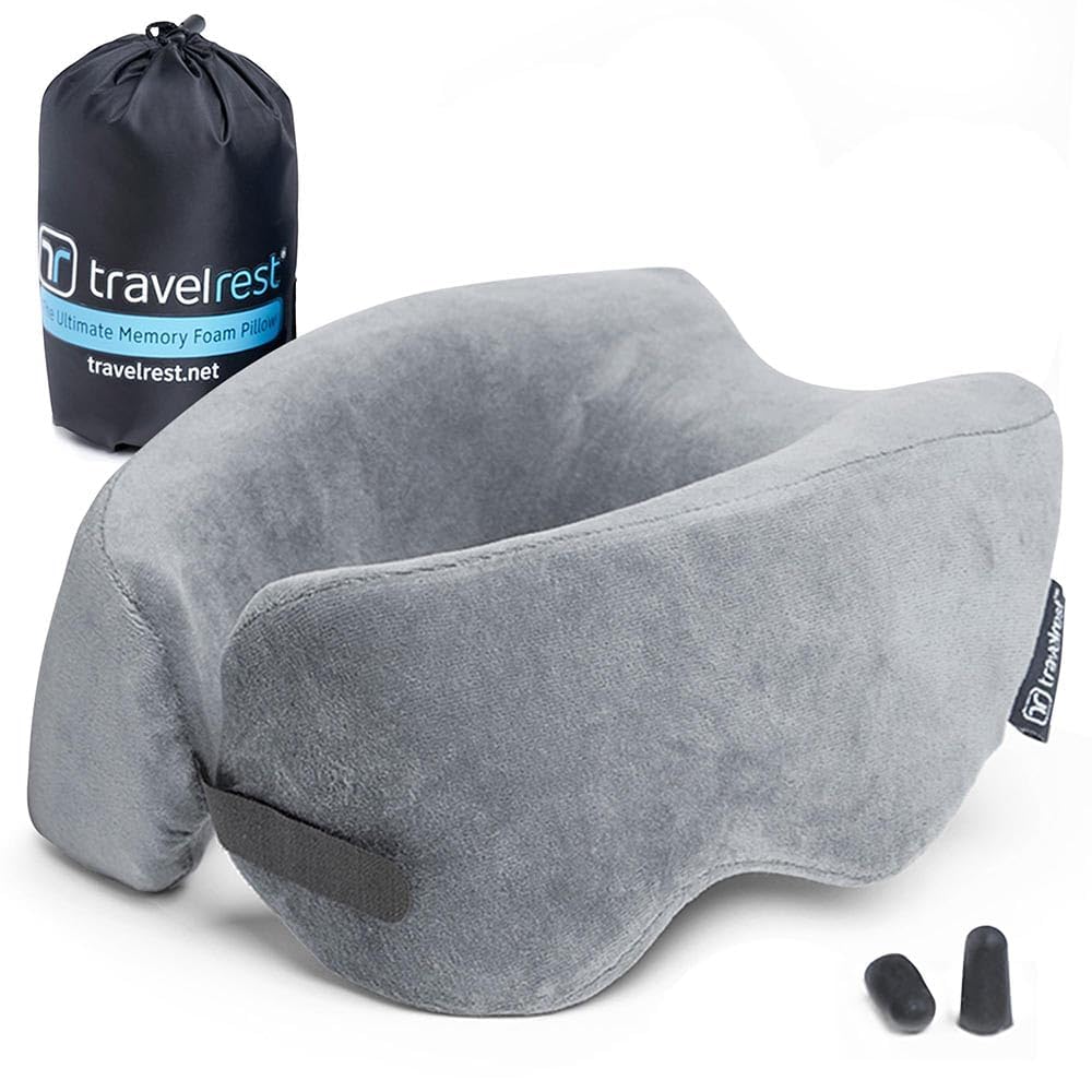 TravelRest Nest Memory Foam Travel Neck Pillow - Ergonomic Support for Long Flights & Airplane Sleeping, Patented Design for Optimal Relaxation, Compact & Washable, Attaches to Luggage (Gray) - Perfect for Business Travel, Road Trips & Red-Eye Flights