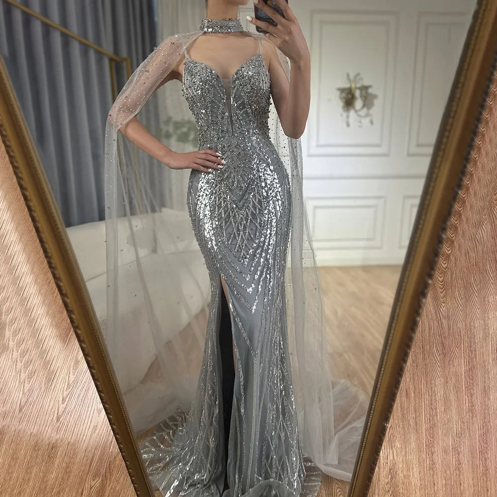 Elegant Black Beaded Spaghetti Strap Evening Gown with Long Cape - Dubai Luxury Formal Dress for Women - Perfect for Galas, Weddings & Red Carpet Events - LA72795