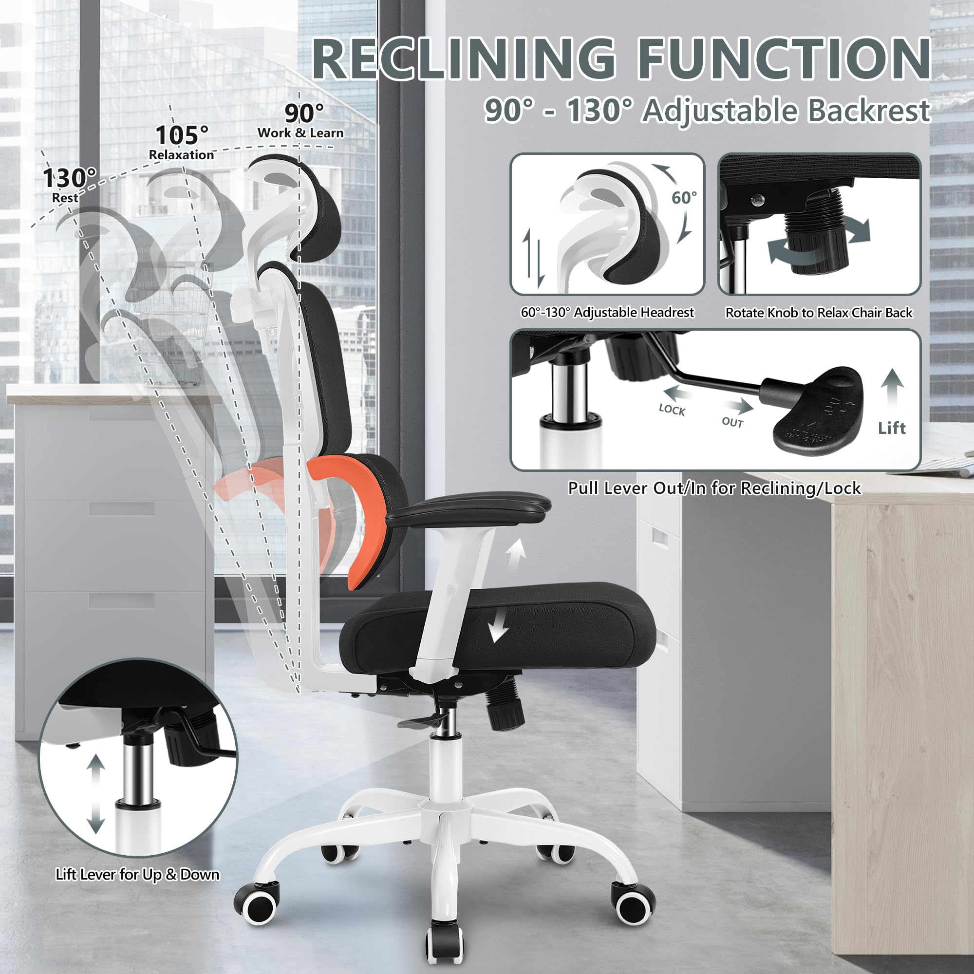 Ergonomic Office Chair with Lumbar Support - High Back Mesh Computer Desk Chair for Home & Gaming - Adjustable Armrests & Reclining Function - Big and Tall Comfortable Chair (Orange) - Perfect for Long Work Hours, Gaming Sessions & Home Office Use