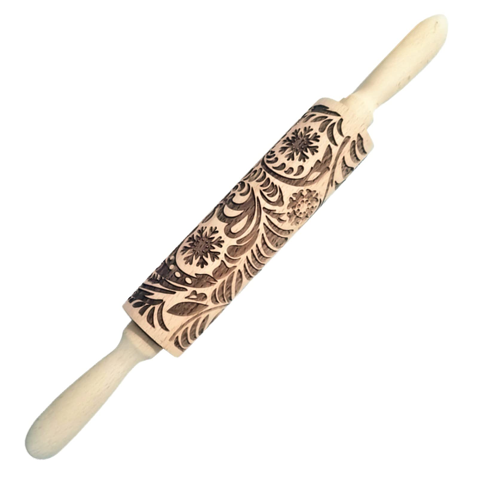 Walnut Wooden Rolling Pin with Floral Embossed Design - Non-Stick Dough Roller for Baking Cookies, Pastry, and Pie Crust - Perfect for Home Kitchen, Dining & Bar Use - Kids Safe Multicolor One Size