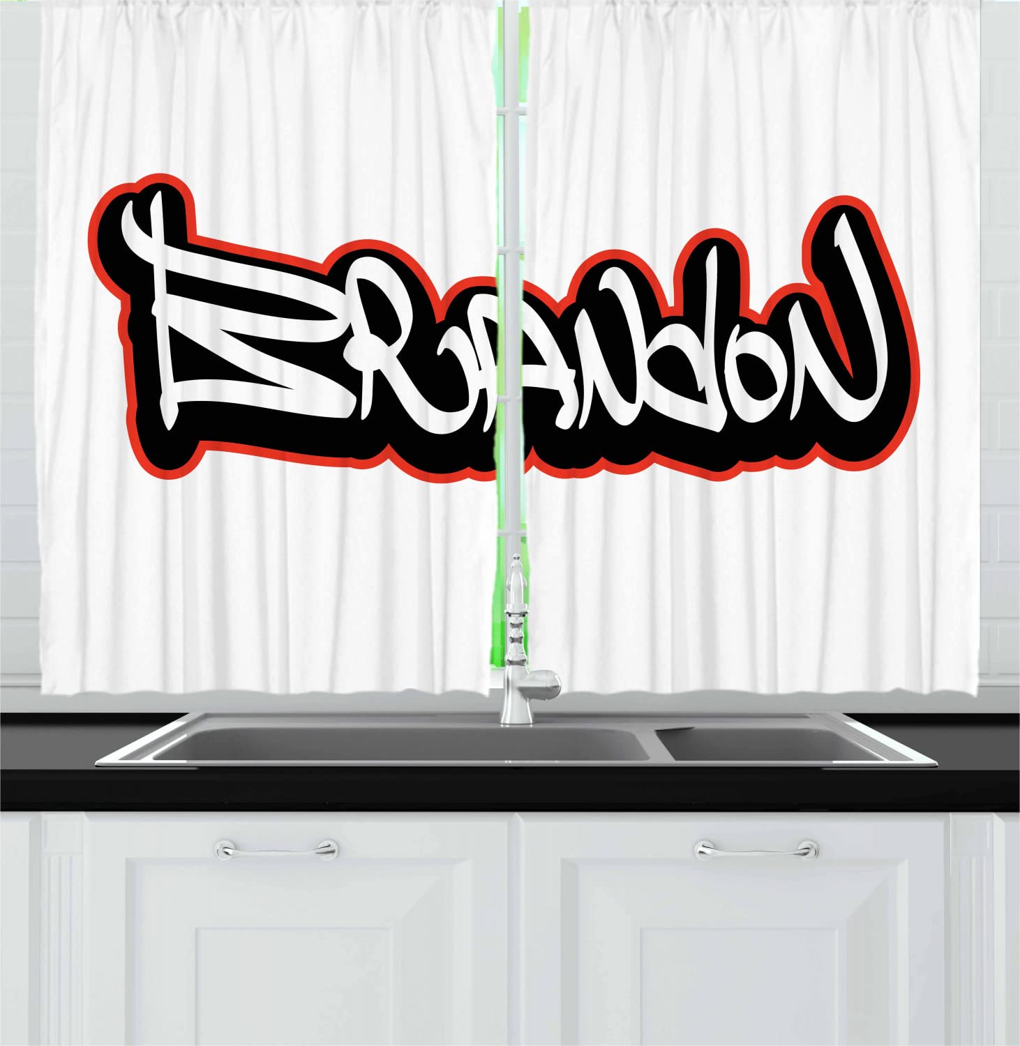 Ambesonne Brandon Long Kitchen Curtains - Urban Street Culture Hip-Hop Theme with Custom Lettering & Name Design, 2 Panel Rod Pocket Drapes for Room Decor, 55 x 45 Inches, Vermilion Black & White - Perfect for Urban Loft, Teen Bedroom & Hip-Hop Themed Spaces