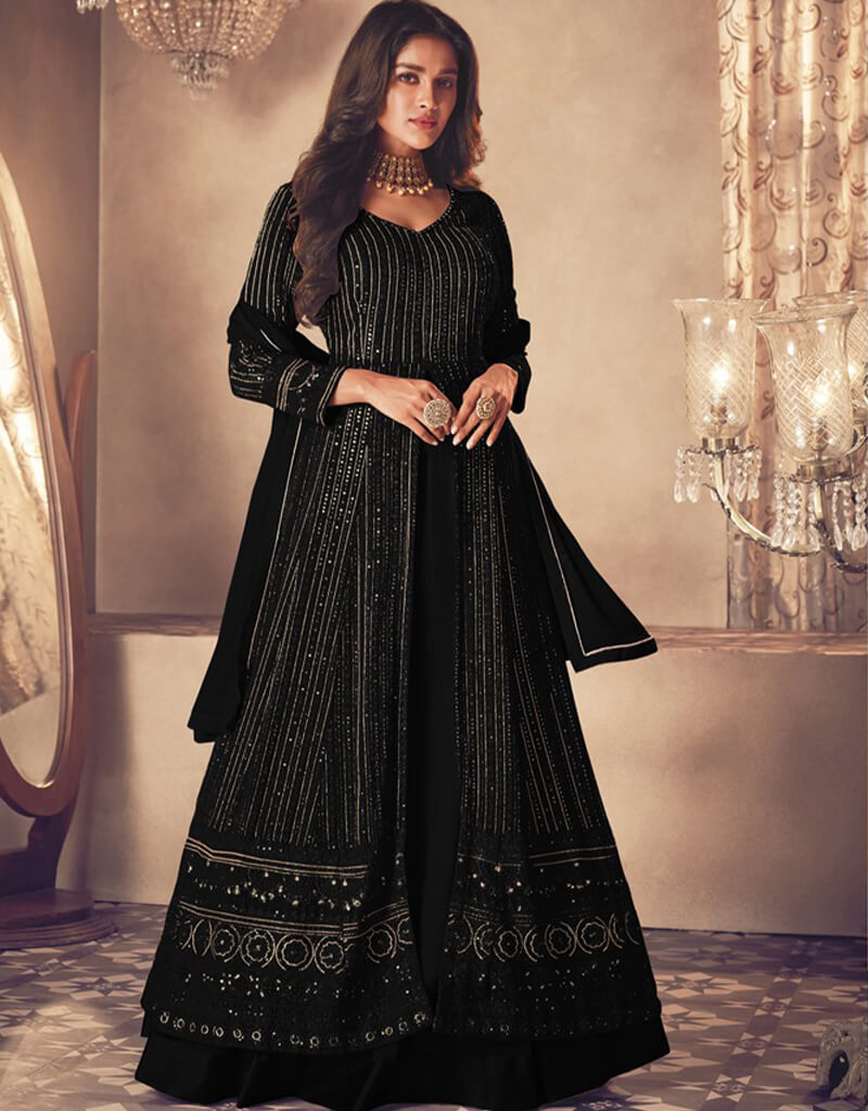 Elegant Black Lehenga Style Semi-Stitched Suit for Women | Traditional Indian Party Wear | Perfect for Weddings, Festivals & Special Occasions