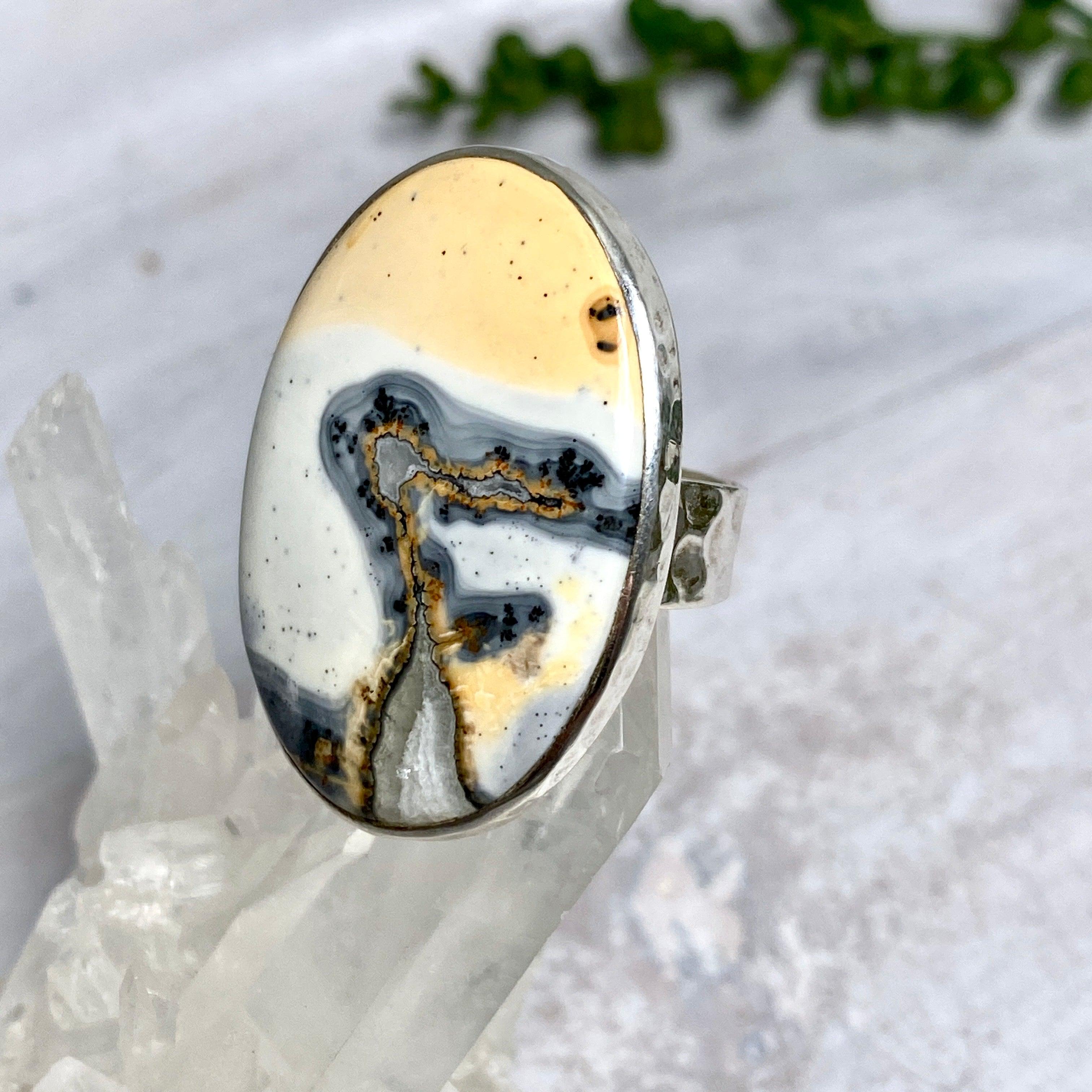 Maligano Jasper Oval Cabochon Ring with Beaten Band - Size 8 - KRGJ1564 - Handmade Boho Jewelry for Women, Perfect for Everyday Wear & Gift Giving