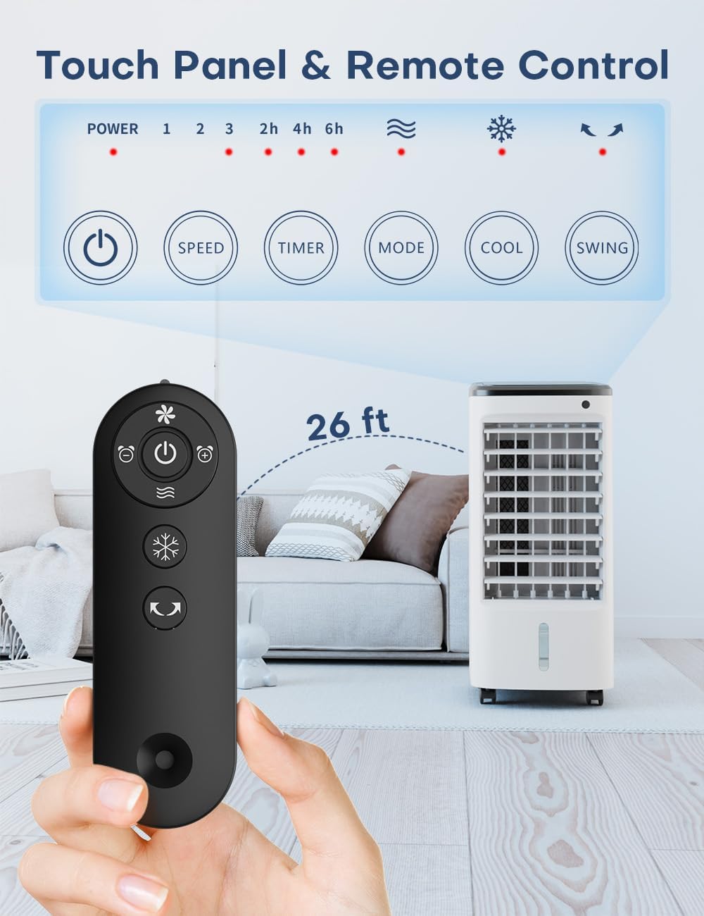 Portable Evaporative Air Cooler with 12H Timer & Smart Remote - 3-Speed Windowless AC, 6 Ice Packs & Dual Tank - Perfect for Bedroom, Office, Living Room & Outdoor Spaces