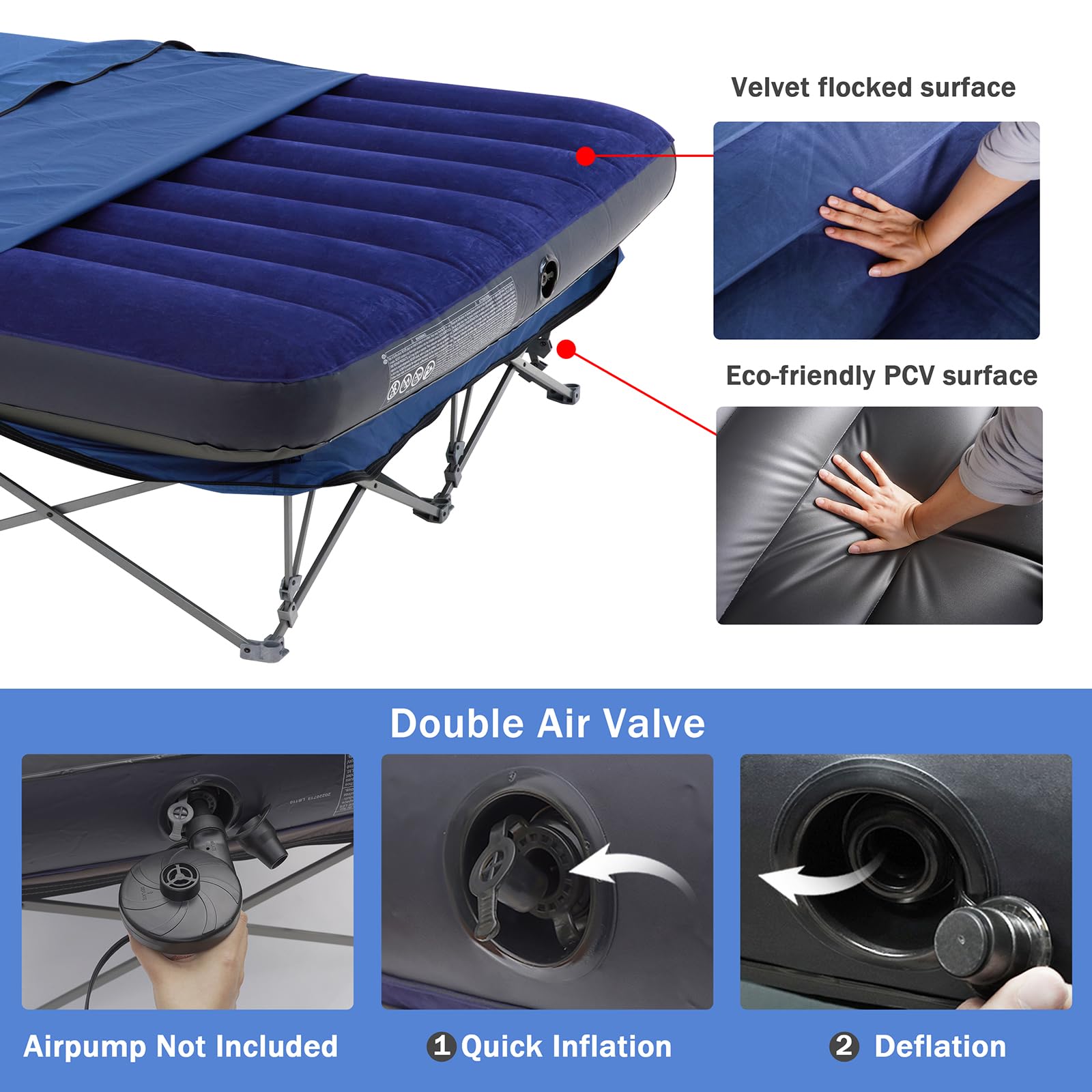 KAMPKEEPER Portable Folding Camping Cot with Inflatable Air Mattress - Heavy Duty Adult Camping Bed for Outdoor Travel, Beach, Backpacking & Vacation - Includes Carry Bag (Air Pump Not Included) - Perfect for Camping Trips, Beach Lounging & Guest Beds