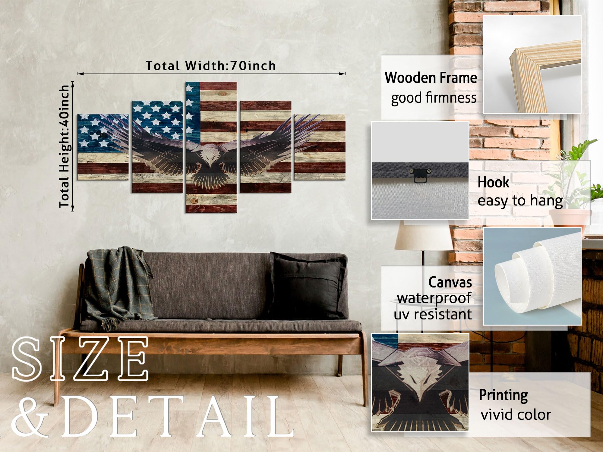 5 Piece American Flag Canvas Wall Art - Patriotic Wooden Flag Decor for Home & Office - Military Army Themed Bald Eagle Poster (70''W x 40''H) - Perfect for Living Room, Bedroom, or Office Wall Decor
