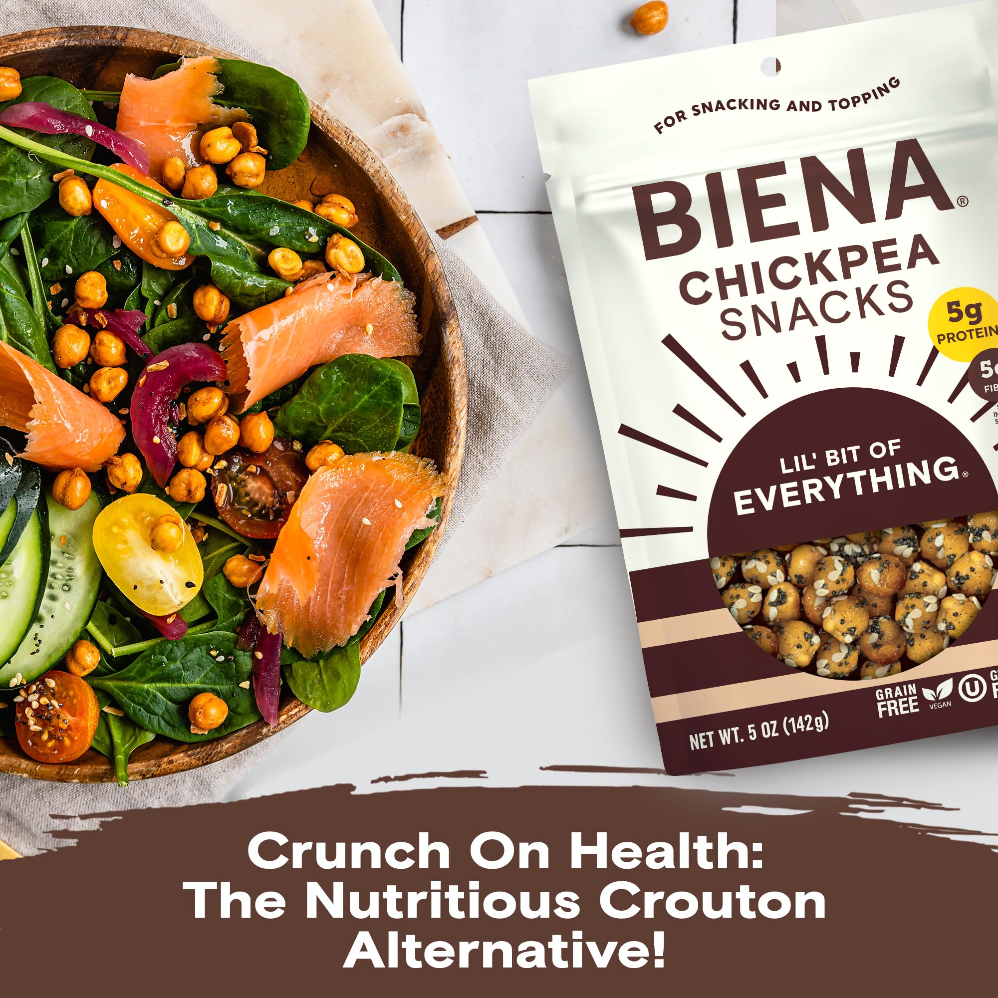Biena Crispy Roasted Chickpea Snacks - High Protein & Fiber, Gluten Free, Non-GMO, Plant-Based Healthy Snacks for Adults & Kids (4-Pack, 5oz Bags) - Perfect for On-the-Go, School Lunches & Office Snacking