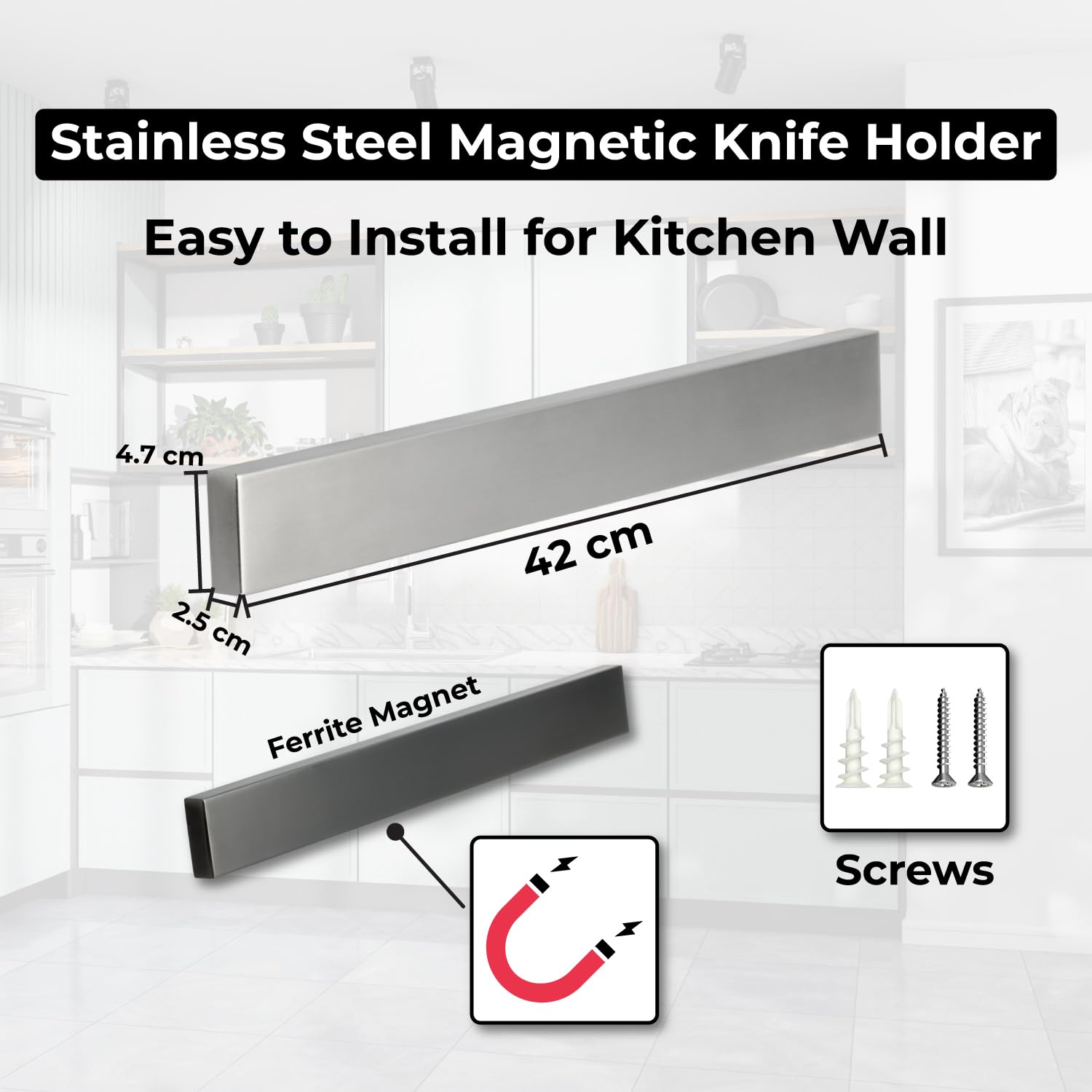 Premium 16-Inch Magnetic Knife Holder for Wall & Refrigerator - Strong Magnetic Strip for Kitchen Organization & Knife Storage - Perfect for Home Chefs & Professional Kitchens