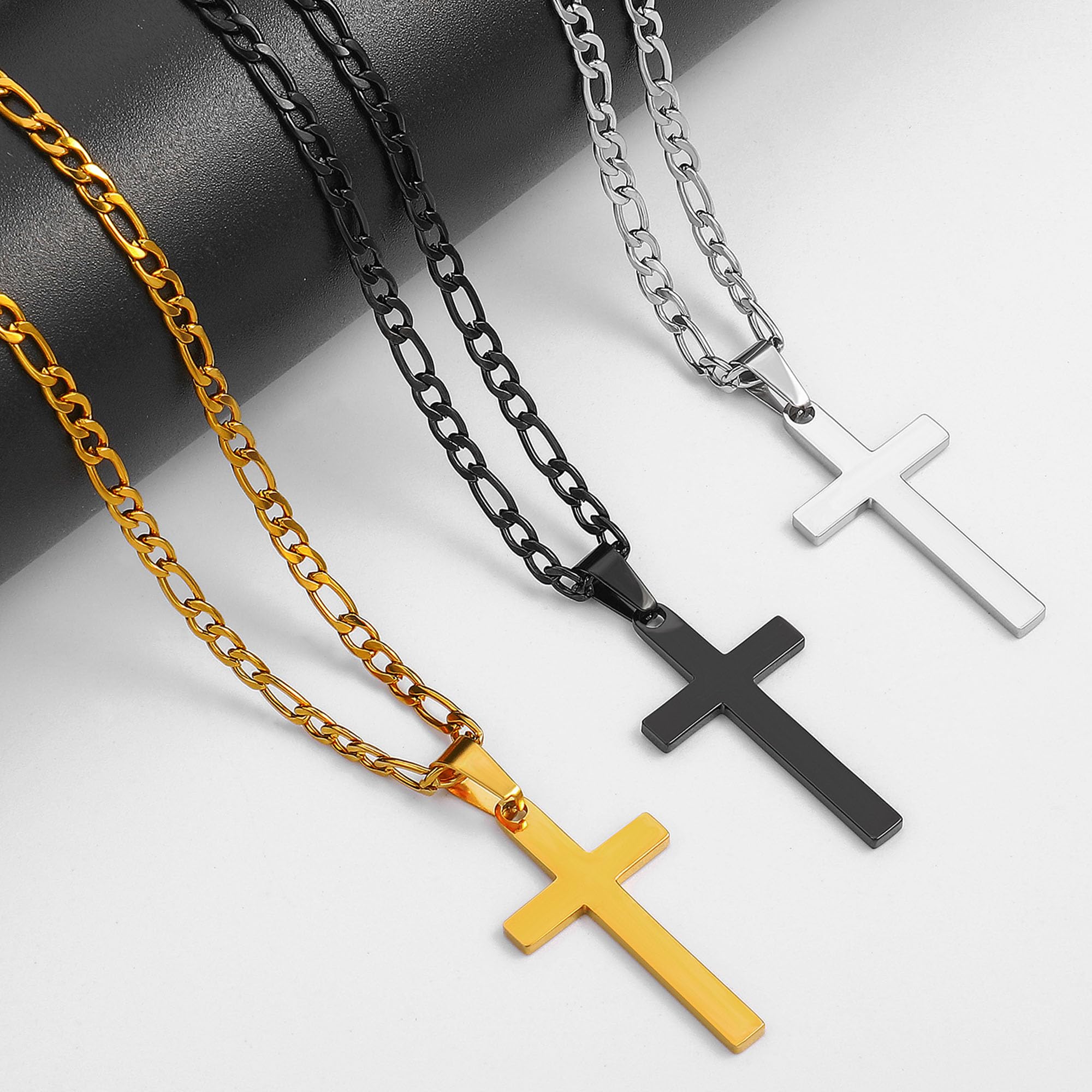 Stainless Steel Cross Necklace for Men & Women - Black, Silver & Gold Figaro Chain Pendant Jewelry (16-24 Inches) - Perfect for Everyday Wear, Gifts & Religious Occasions