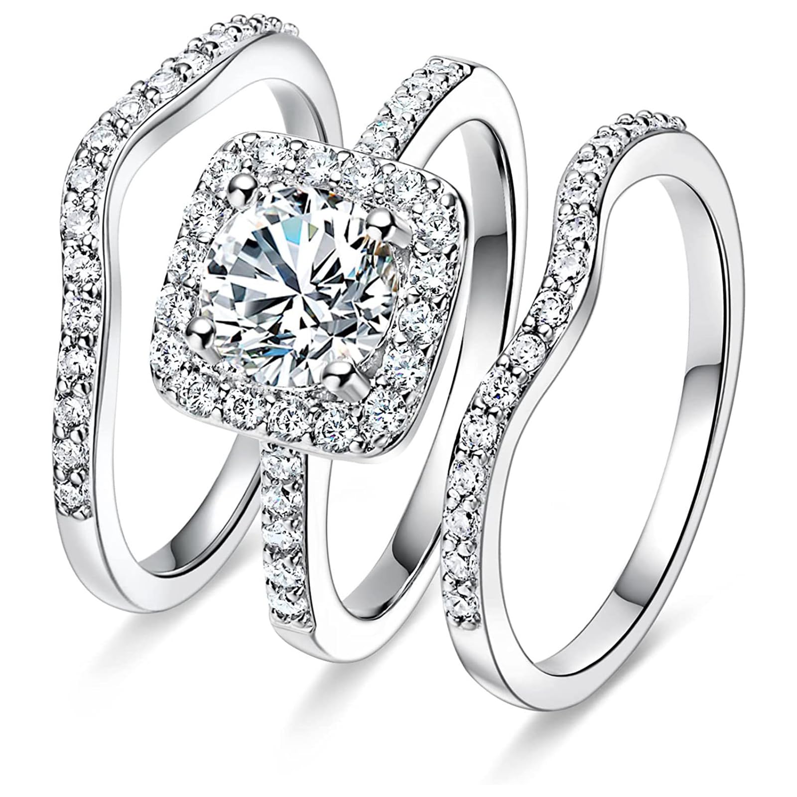 Fake Wedding Rings for Women - Cubic Zirconia Silver Engagement Ring Set, Bridal Jewelry Gift with Enhancer - Perfect for Travel, Proposals & Promise Rings | Elegant & Affordable Alternative to Real Diamonds