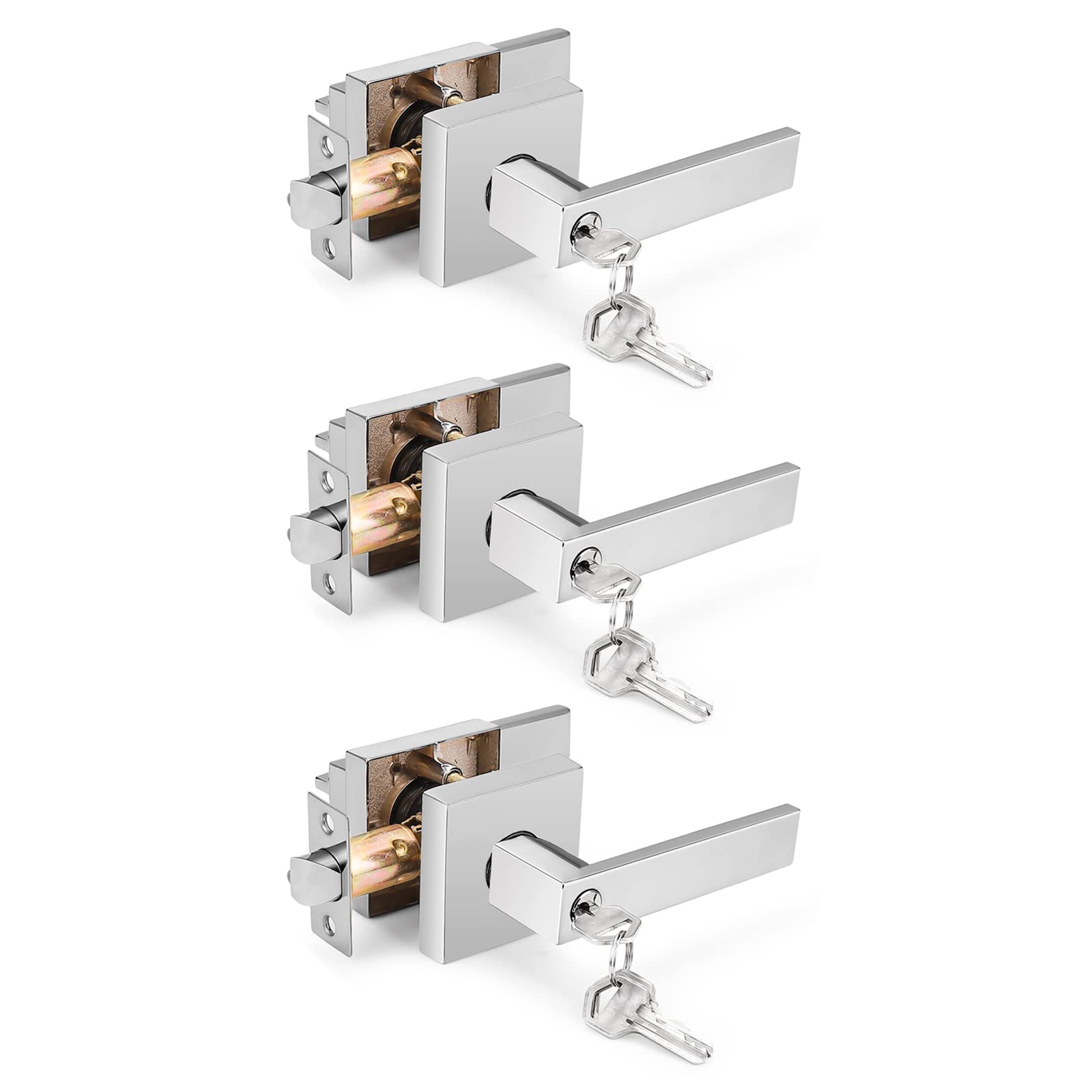 Gobrico 3 Pack Square Entry Door Locks - Polished Chrome Entrance Levers with Matching Keys - Secure & Stylish Home Security for Front Doors, Back Doors & Office Entrances