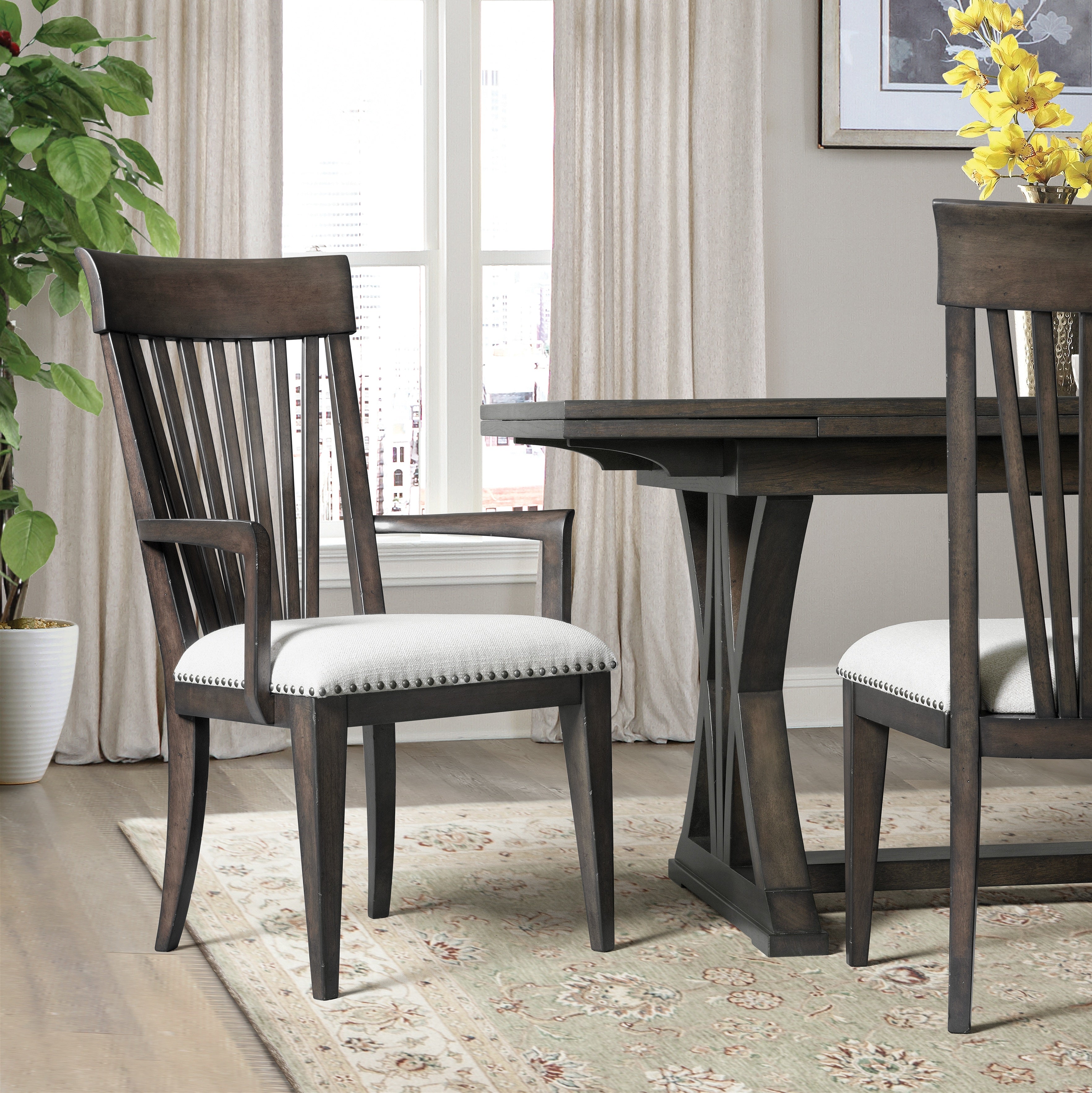 Roundhill Furniture Grant Nailhead Trim Upholstered Armchairs, Beige, Set of 2 - Elegant Living Room Seating for Home Office, Lounge & Dining Room Decor