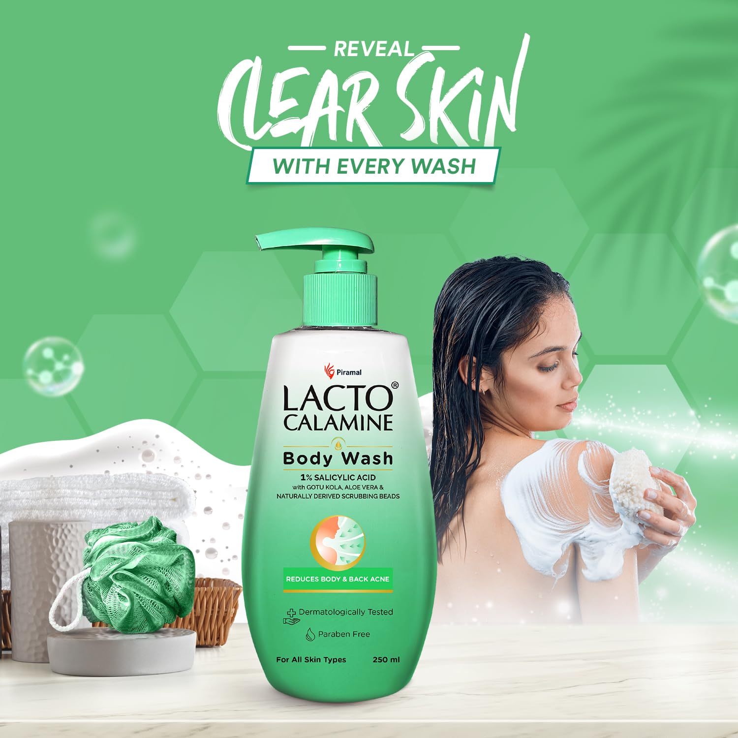 Lacto Calamine 1% Salicylic Acid Acne Body Wash - 250ml | Treats Body Acne, Back Acne & Bumpy Skin | With Cica, Aloe Vera, Turmeric & Natural Exfoliating Beads | Paraben-Free Shower Gel for Men & Women | Perfect for Daily Cleansing & Preventing Breakouts