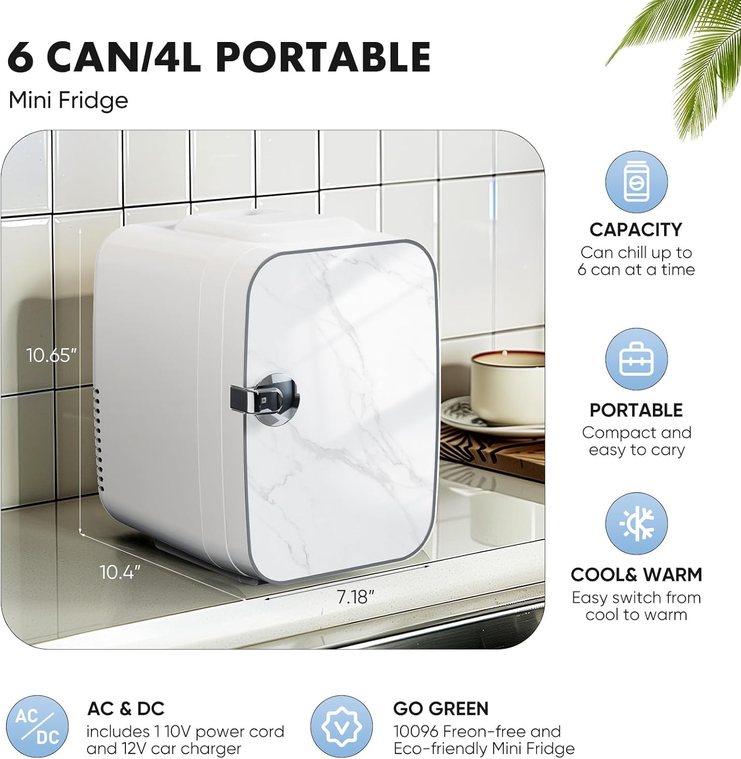 Sweetcrispy Mini Portable 4L/6 Can Compact Refrigerator - Cooler & Warmer for Skincare, Drinks, Cosmetics | Marble Ivory Design | Perfect for Bedroom, Office, Dorm & Travel