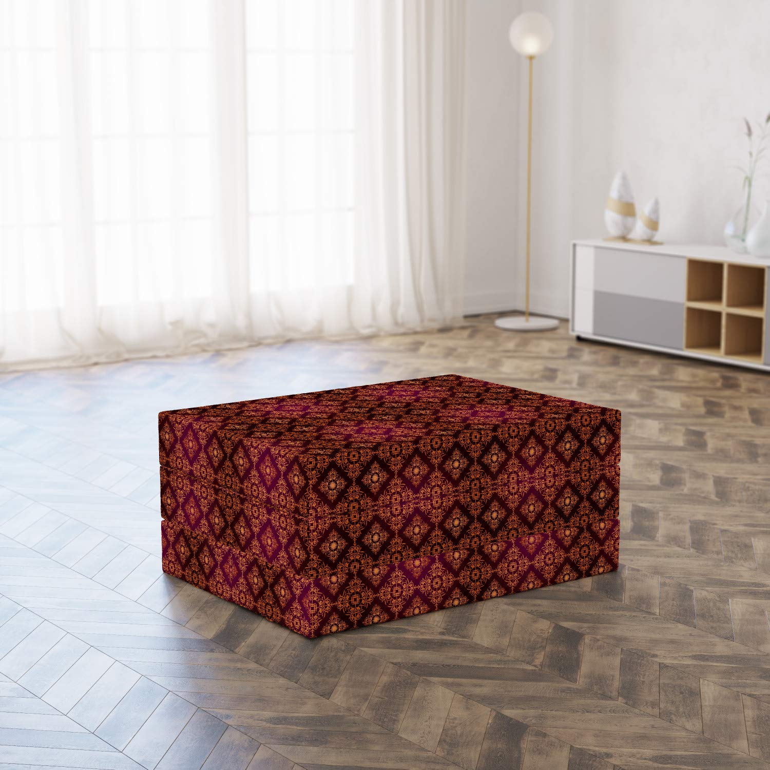 Ambesonne Foldable Mattress | Victorian Damask Pattern in Orange, Magenta & Black | 74.8