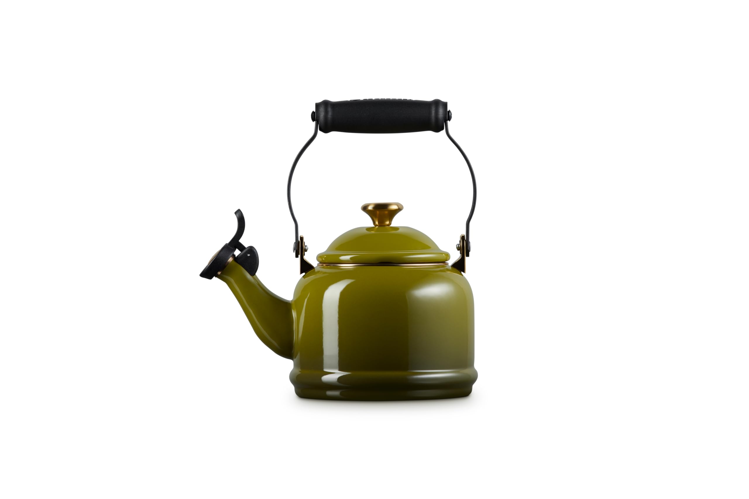 Le Creuset Enameled Steel 1.25 QT Demi Tea Kettle with Gold Finishes - Olive Green Stovetop Kettle for Tea, Coffee & Hot Water - Perfect for Kitchen, Office & Outdoor Use