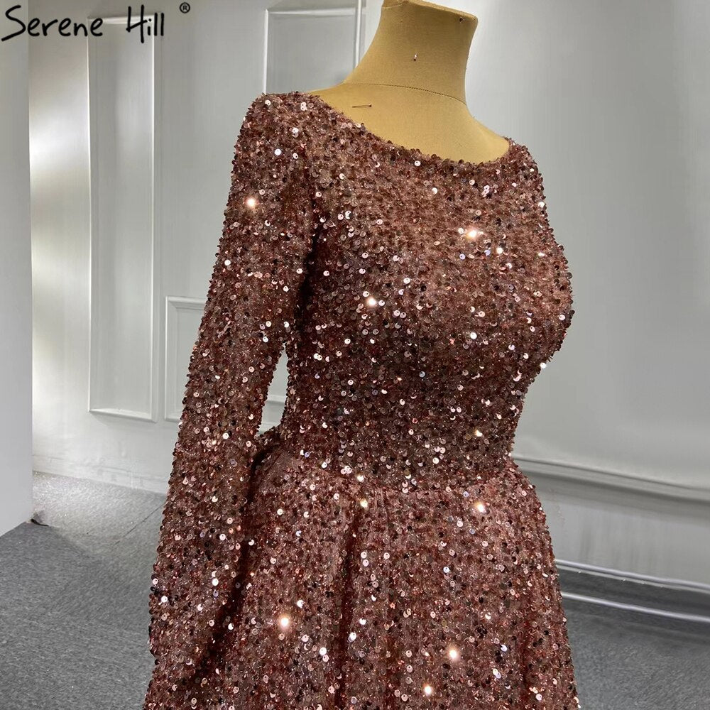 Elegant Muslim Evening Dresses for Women - Pink Gold A-Line Gown with Sparkle Details for Party & Special Occasions | Luxury Formal Wear 2025 Collection | HM67124A