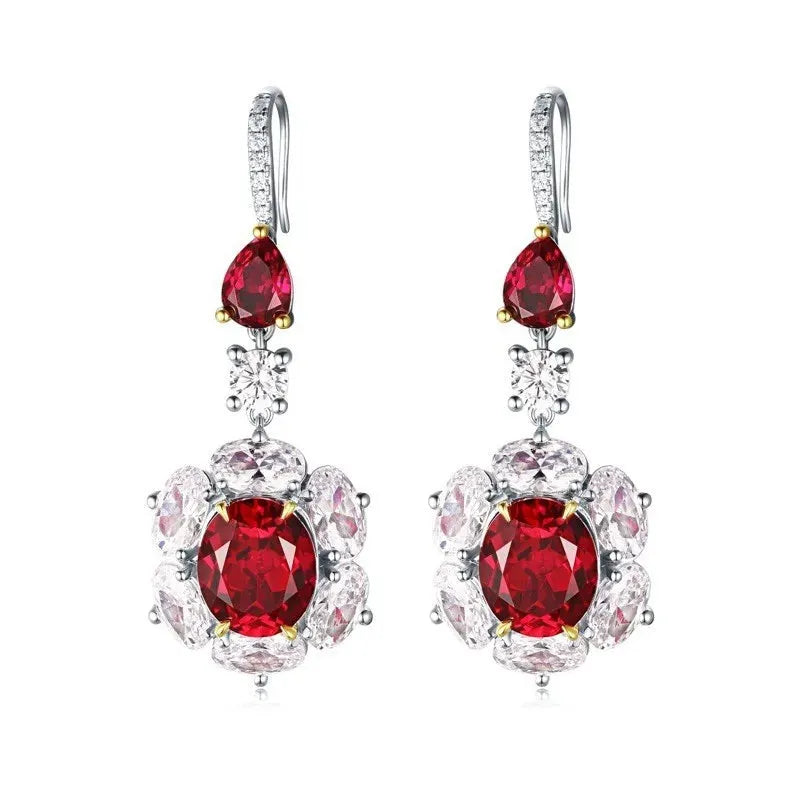 Vintage 925 Sterling Silver Oval Cut Ruby & High Carbon Diamond Drop Dangle Earrings for Women - Anniversary Gift, Wedding Jewelry, Party & Evening Wear Accessories