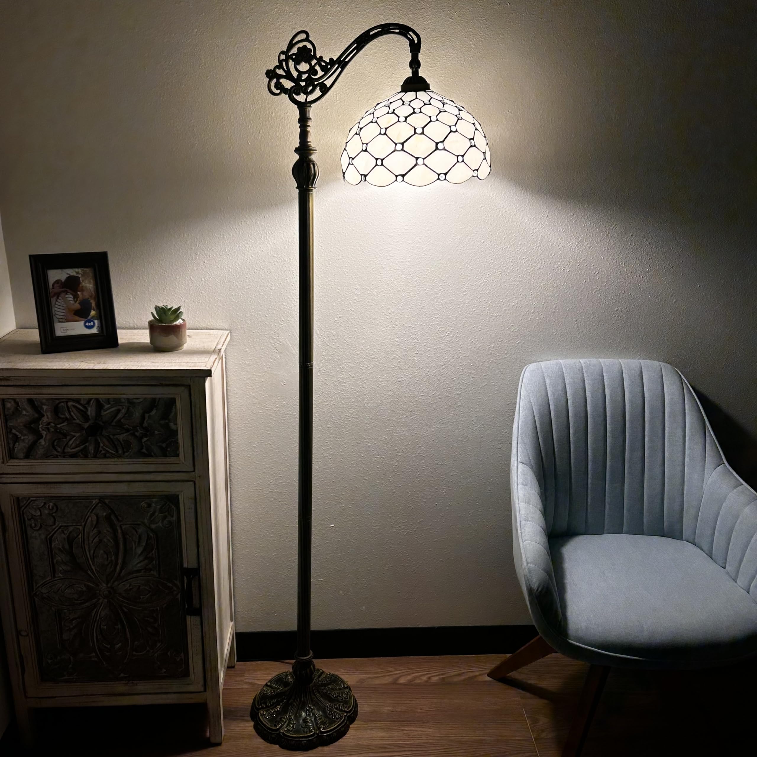 Tiffany Style Floor Lamp with White Stained Glass & Crystal Beads - Adjustable Gooseneck LED Reading Light for Living Room, Bedroom (20
