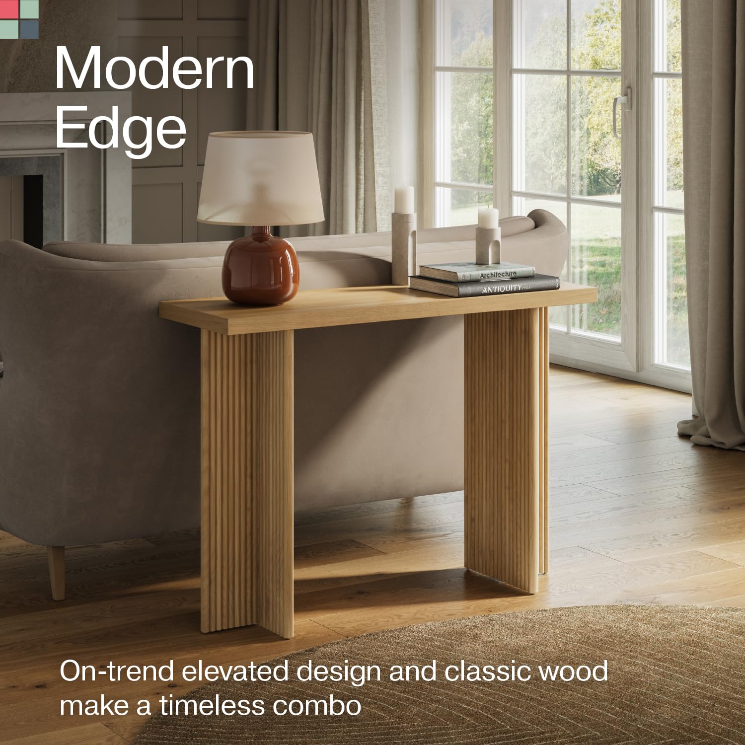 Modern Fluted Console Table - Solid Wood Narrow Entryway Table for Small Spaces - Natural Oak Living Room Furniture - Perfect for Hallway, Foyer & Apartment Decor