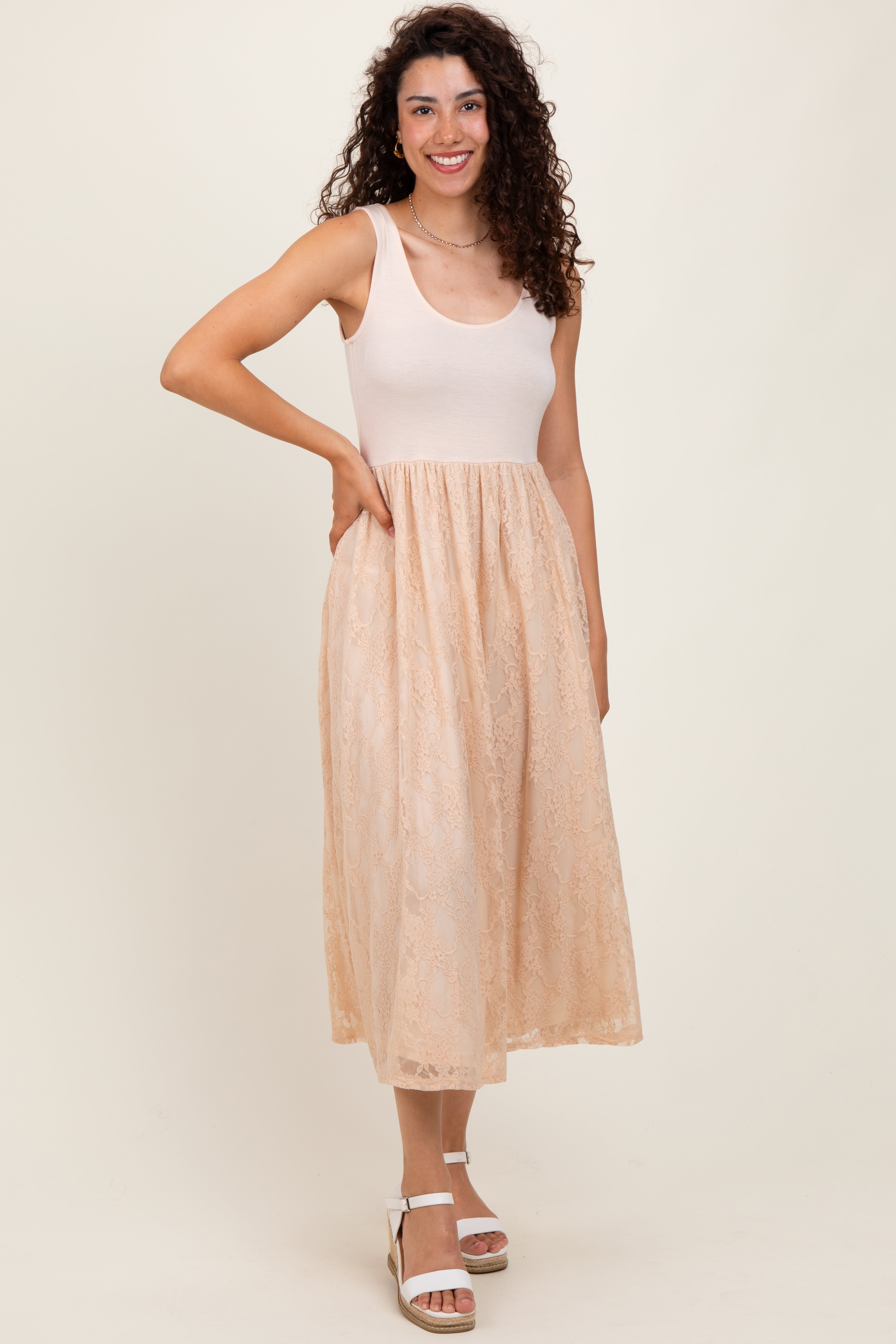 Beige Solid Tank Top Lace Skirt Midi Dress for Women - Summer Casual Flowy Elegant Outfit for Beach, Party & Date Night