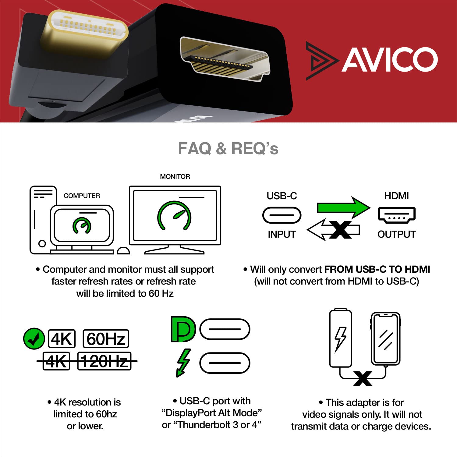 Avico USB C to HDMI 2.0 Adapter 4K 60Hz HDR 2K 144Hz 1080P 240Hz - Thunderbolt 3 Compatible - for MacBook Pro/Air, Windows Laptops, Monitors, TVs, Projectors - Ideal for Gaming, Streaming & Presentations