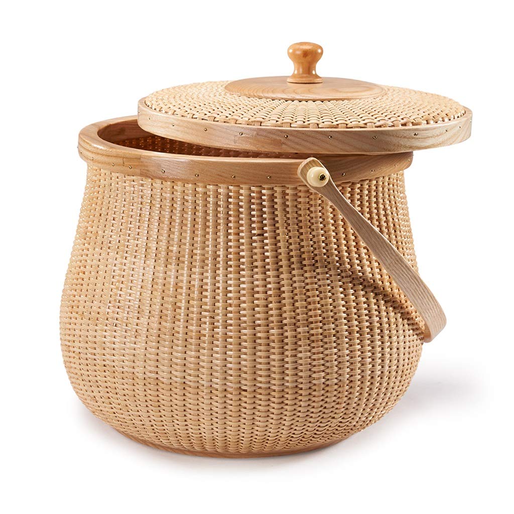 Premium Bamboo & Rattan Woven Picnic Basket - Round Double-Layer Outdoor Picnic Hamper (Wood Color, 21x21x25cm) - Perfect for Beach, Park & Romantic Picnic Dates