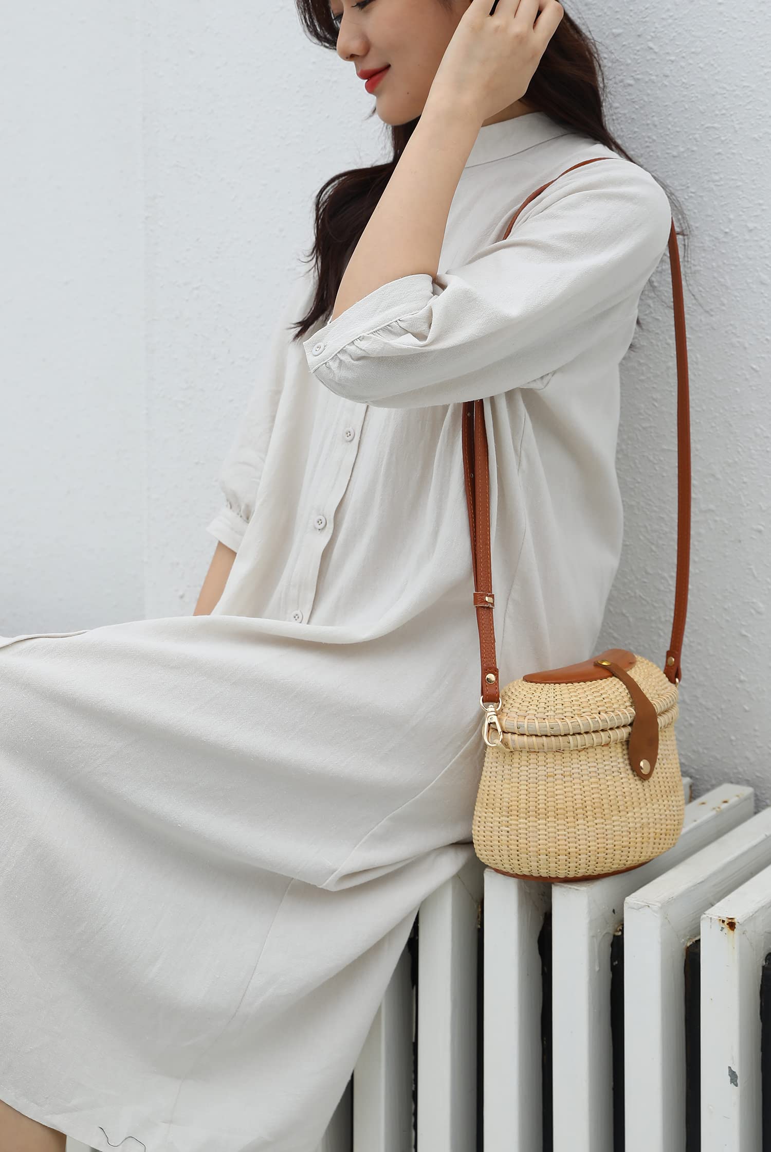 Nantucket Crescent Purse Basket - Handwoven Rattan Crossbody Bag with Leather Straps | Natural & Chic Shoulder Bag for Women | Perfect for Beach, Shopping & Summer Outfits